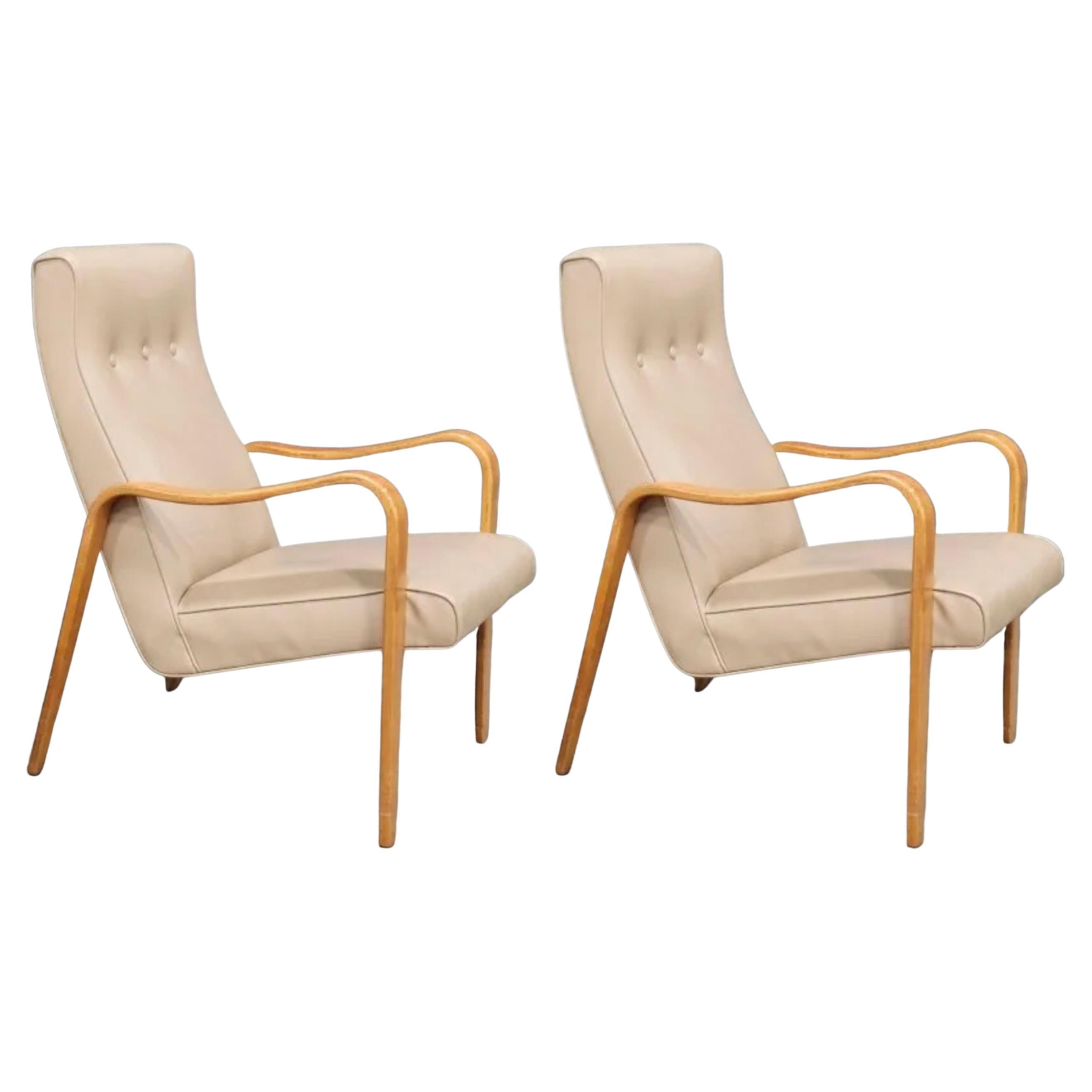 Pair of Mid-Century Modern Thonet Bentwood Birch Lounge Arm Chairs Tan For Sale