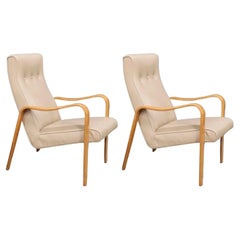 Vintage Pair of Mid-Century Modern Thonet Bentwood Birch Lounge Arm Chairs Tan