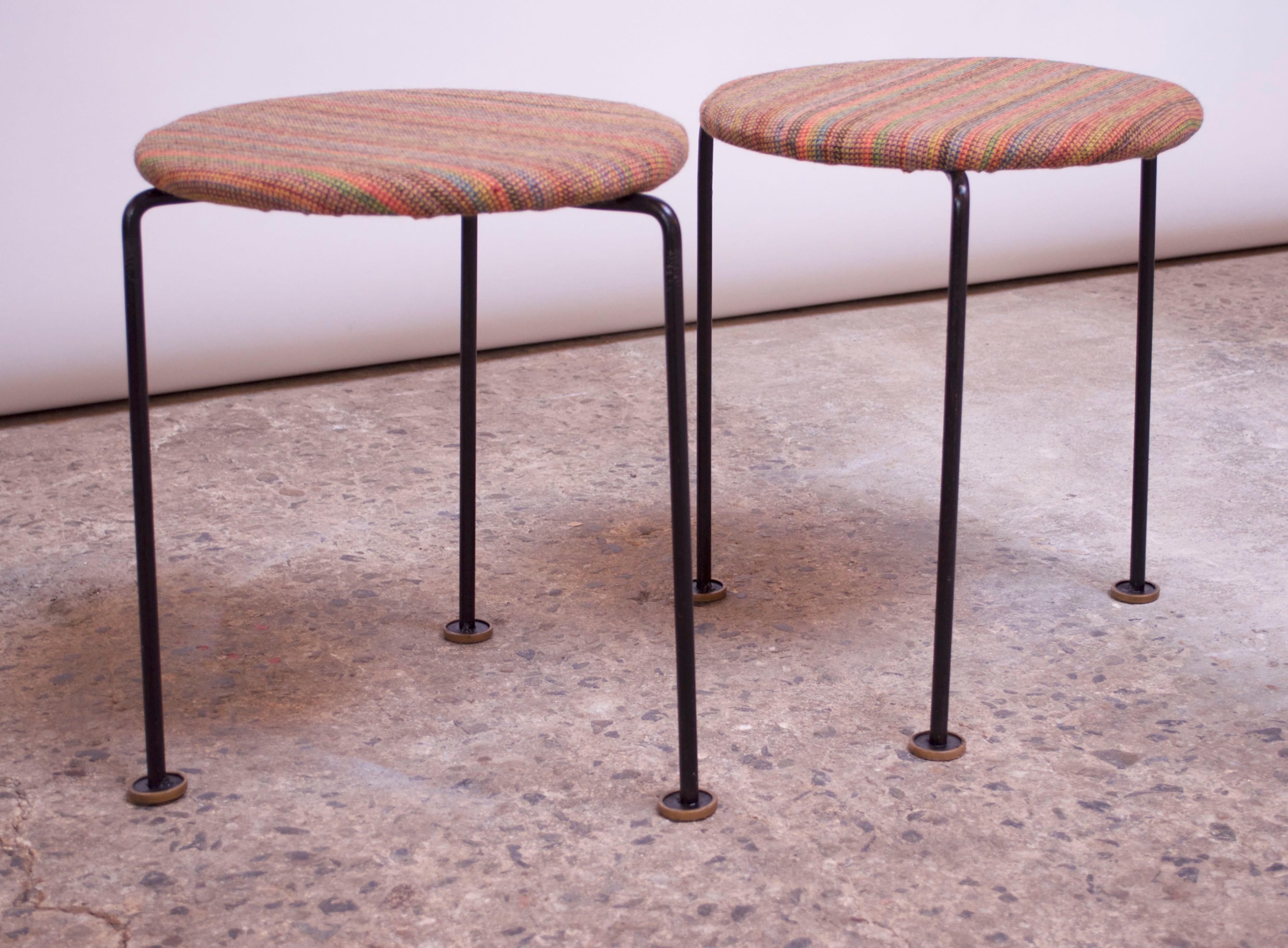 Pair of Mid-Century Modern Three-Legged Wrought Iron Low Stools 3