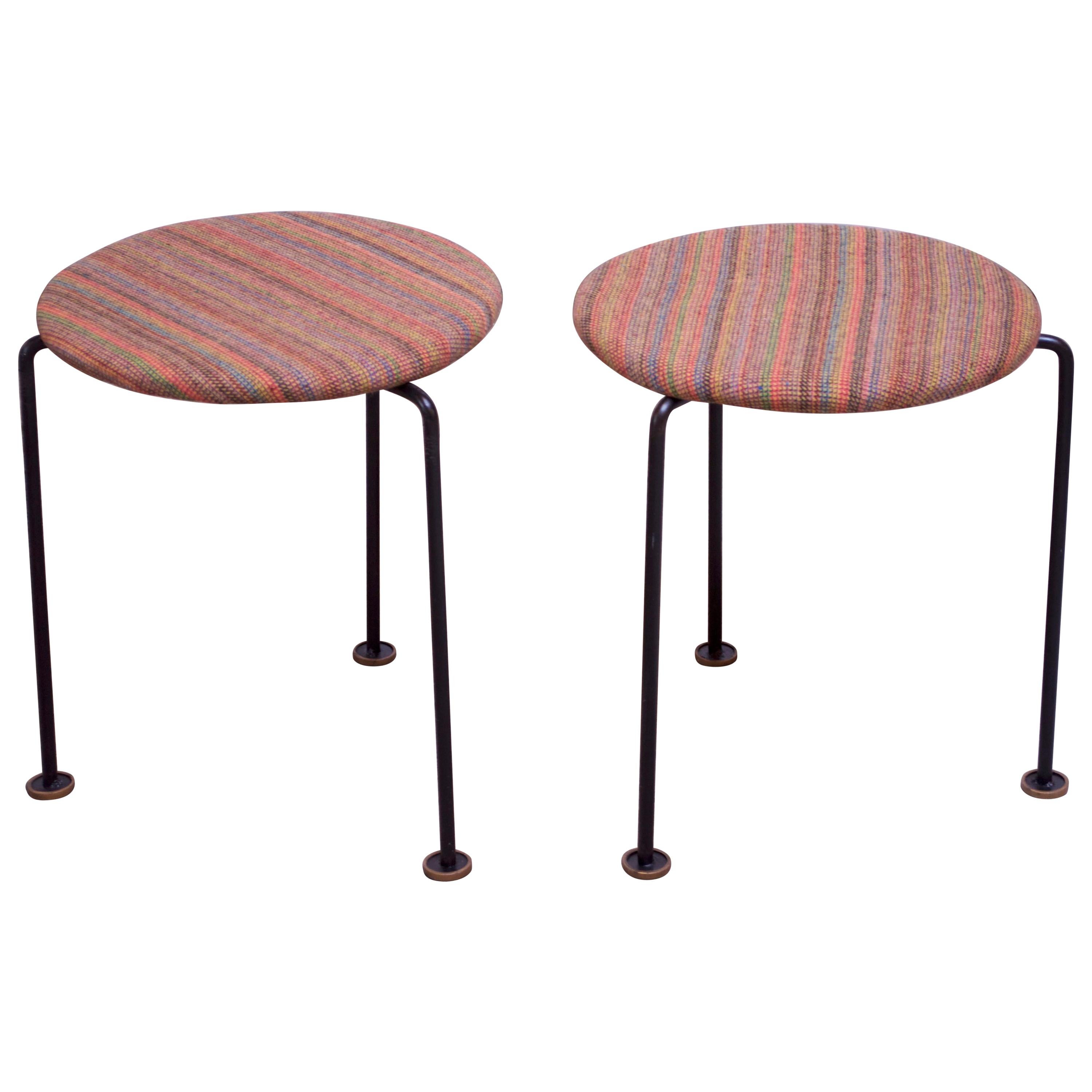 Pair of Mid-Century Modern Three-Legged Wrought Iron Low Stools