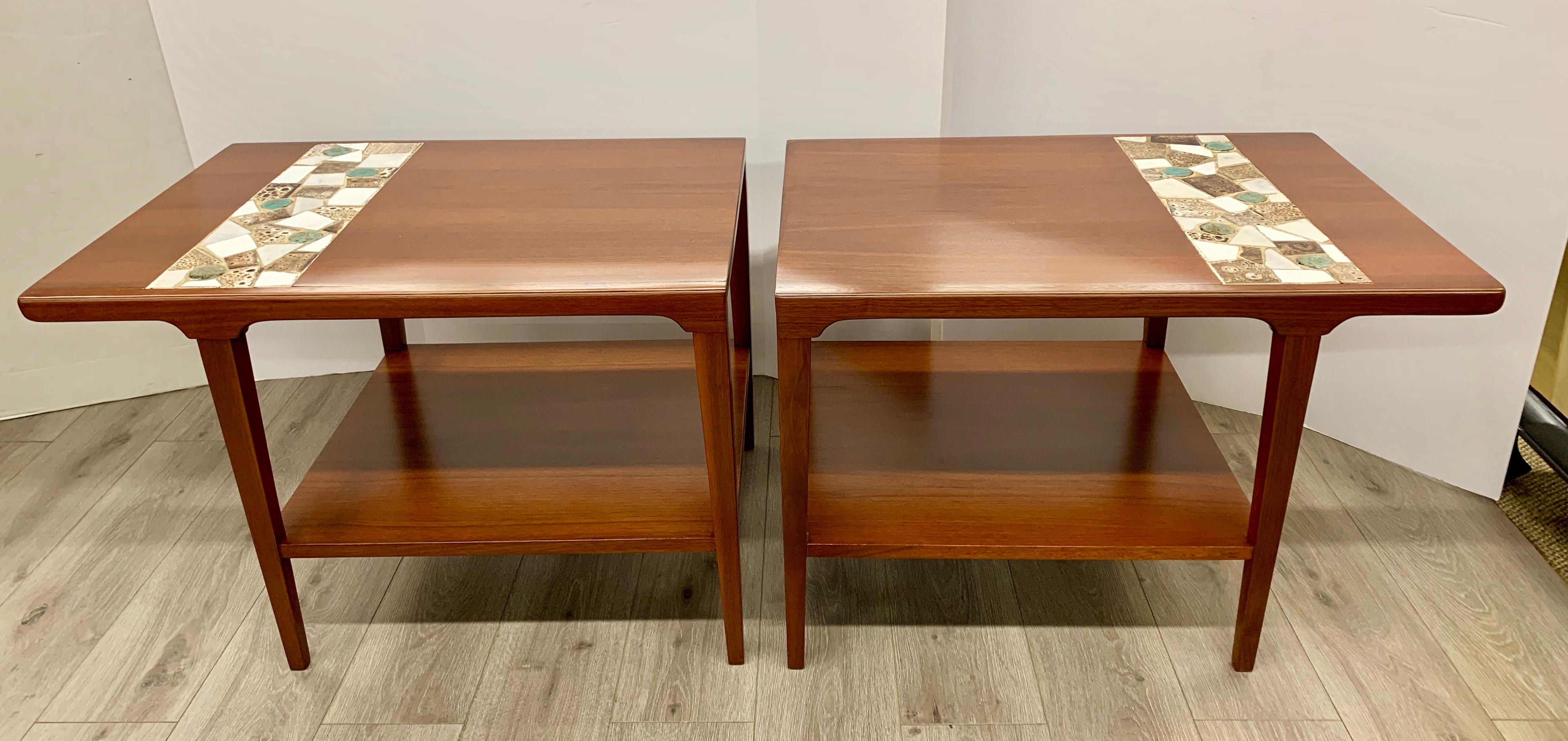 Danish Pair of Mid-Century Modern Tile Top Walnut End Tables
