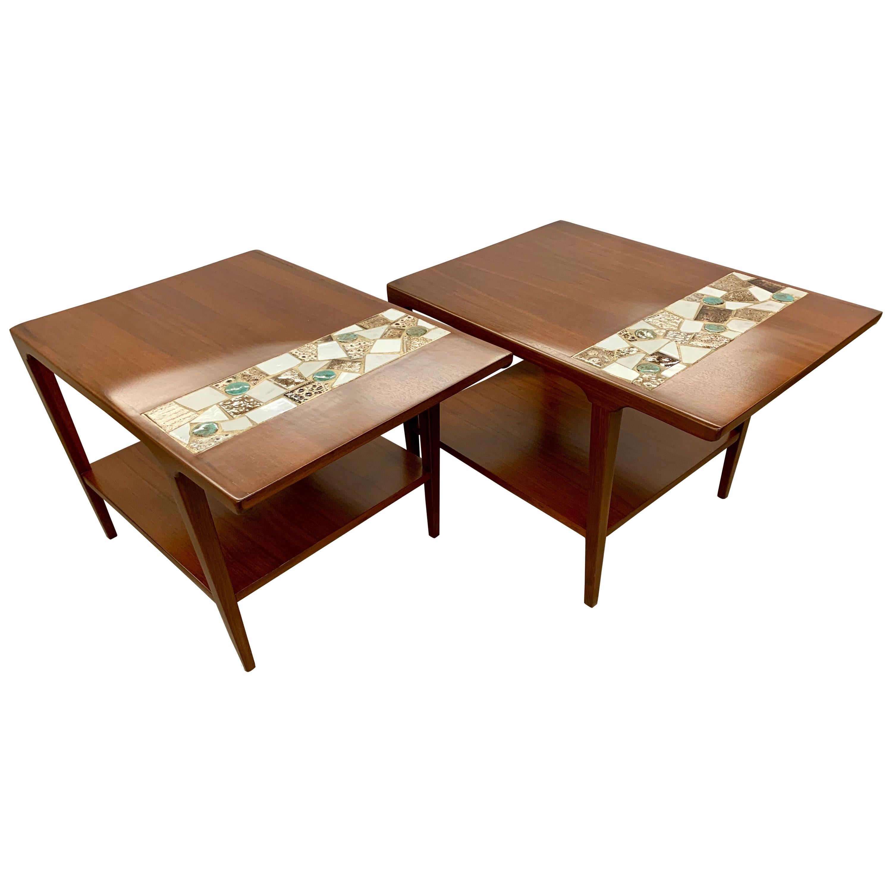 Pair of Mid-Century Modern Tile Top Walnut End Tables
