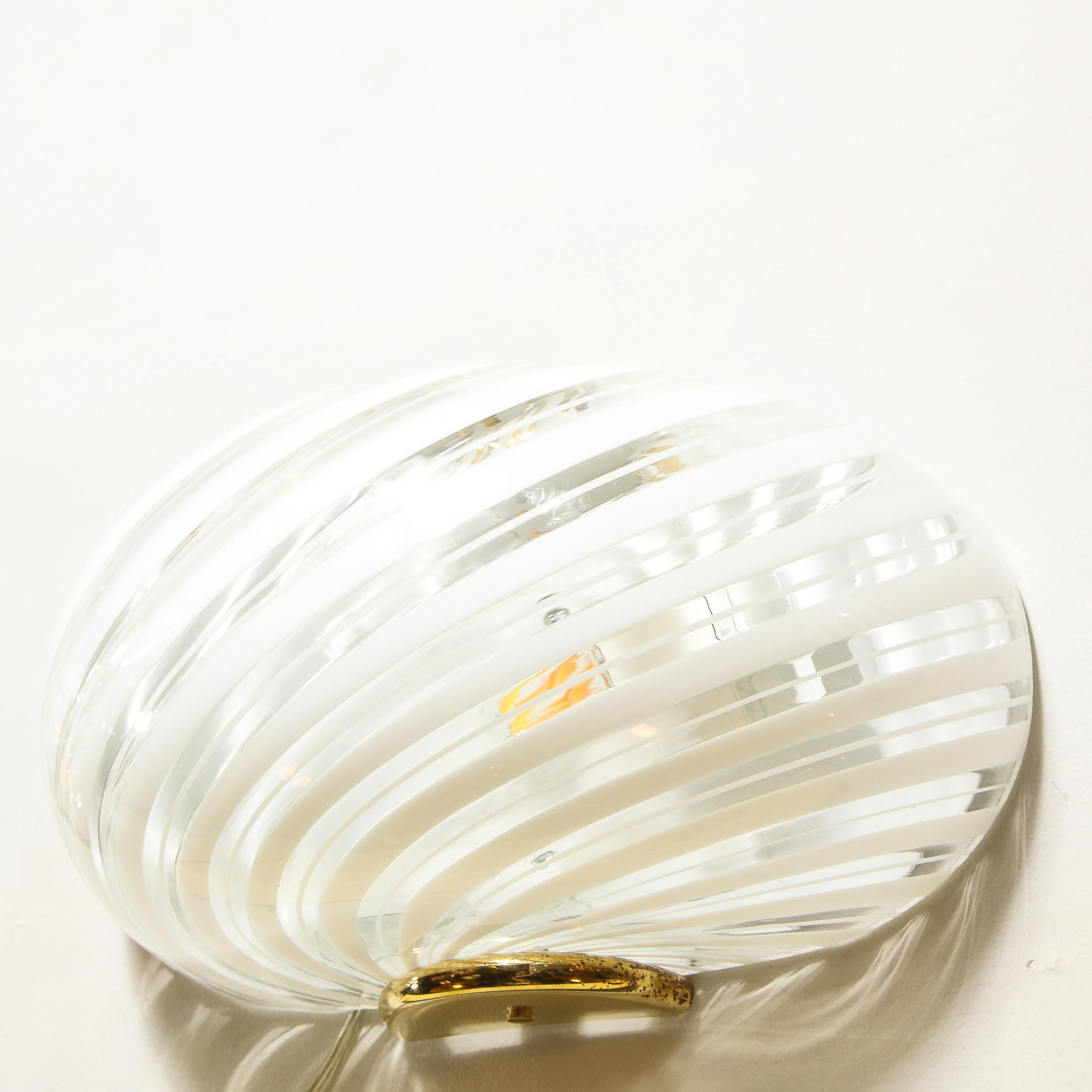 European Pair of Mid-Century Modern Translucent Murano Glass Sconces w/ White Striations