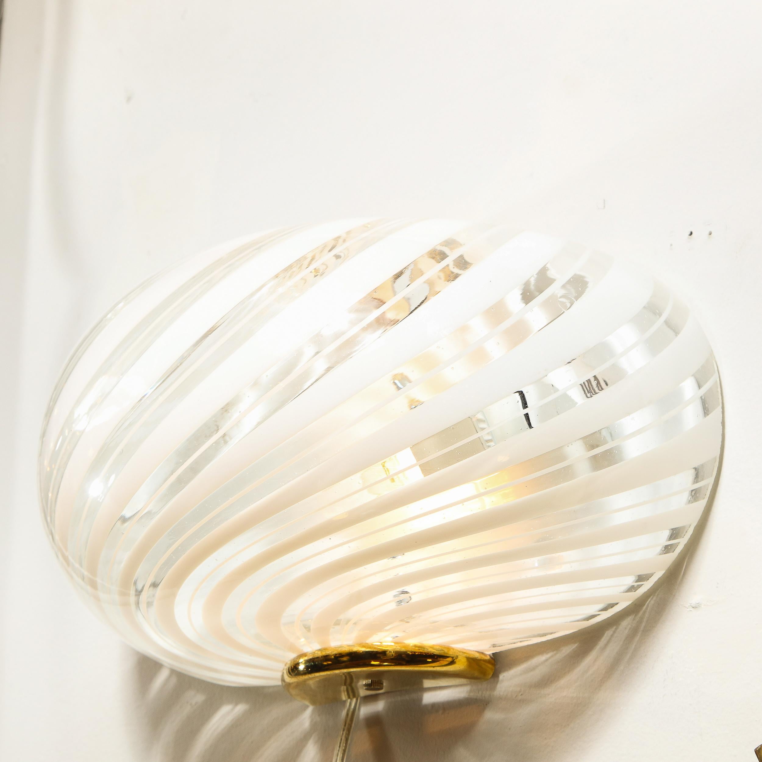 Pair of Mid-Century Modern Translucent Murano Glass Sconces w/ White Striations In Good Condition In New York, NY