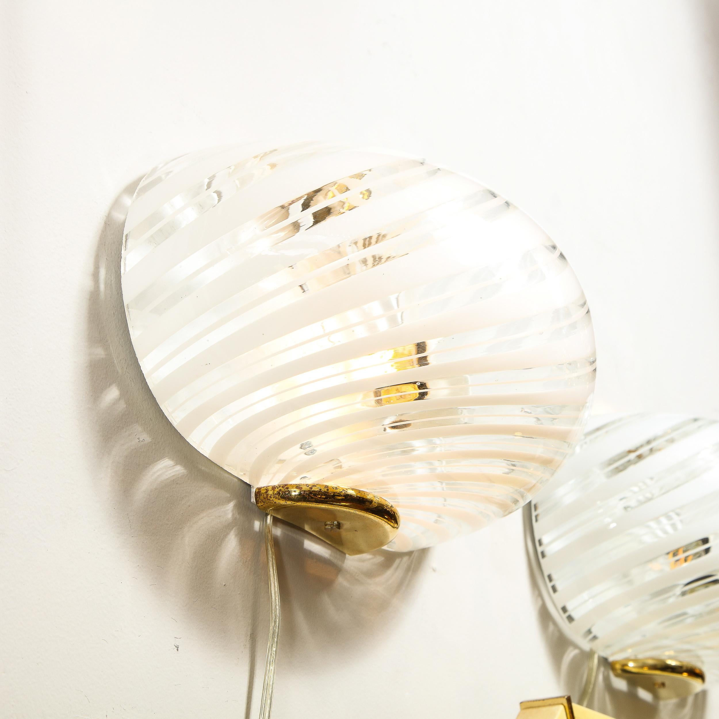 Late 20th Century Pair of Mid-Century Modern Translucent Murano Glass Sconces w/ White Striations