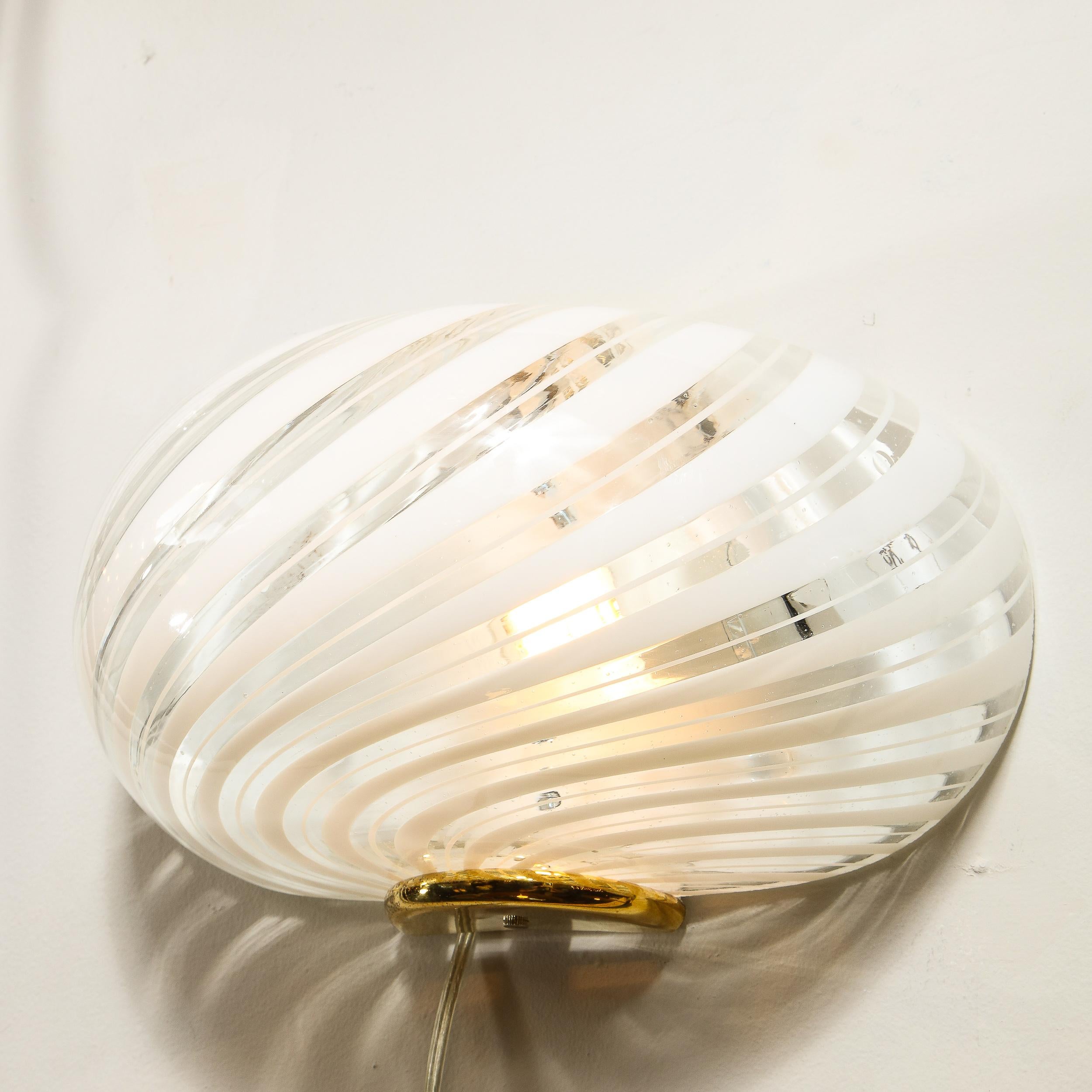 Brass Pair of Mid-Century Modern Translucent Murano Glass Sconces w/ White Striations