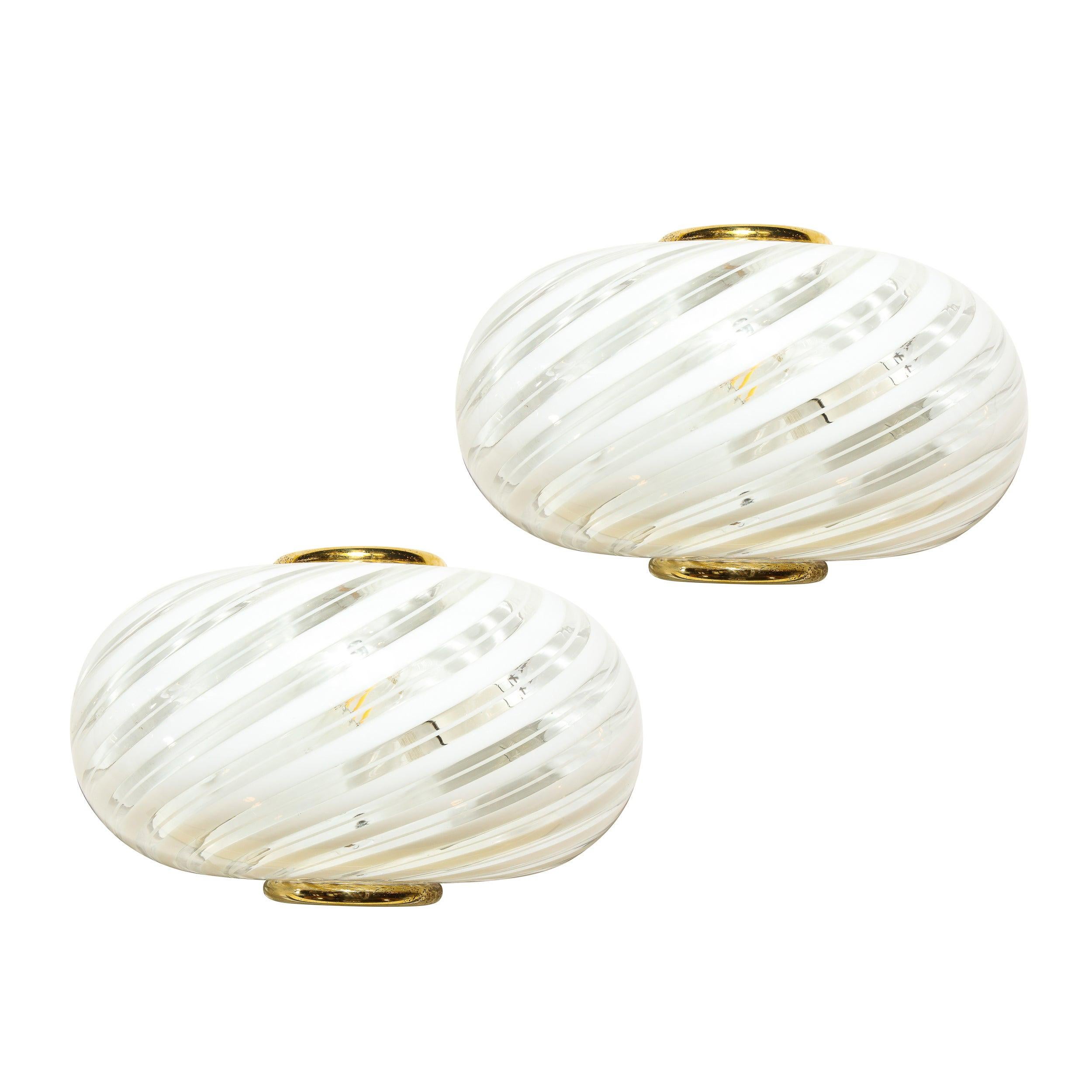 Pair of Mid-Century Modern Translucent Murano Glass Sconces w/ White Striations