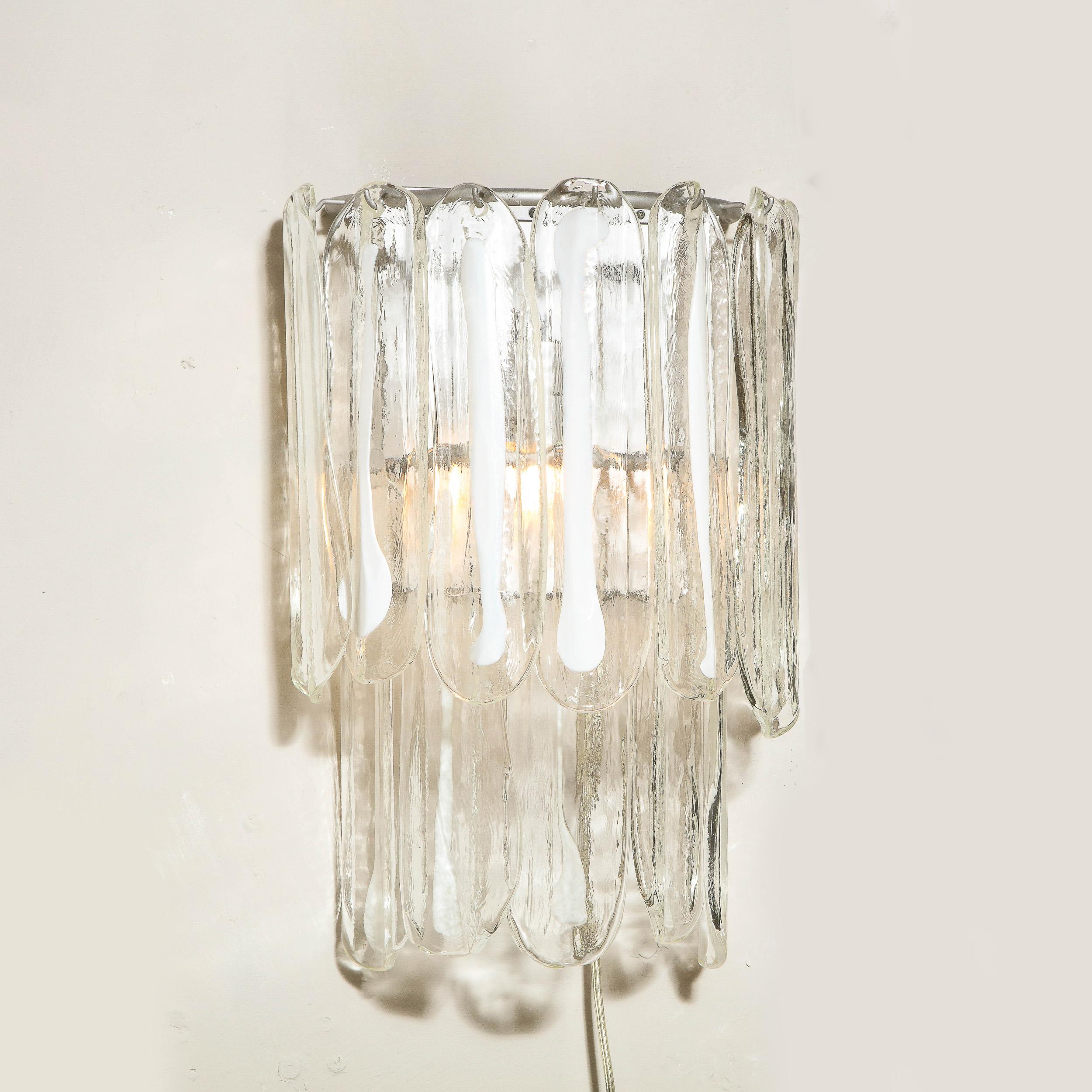 Late 20th Century Pair of Mid-Century Modern Translucent & White Murano Glass Sconces by Mazzega For Sale