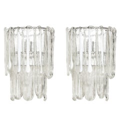 Pair of Mid-Century Modern Translucent & White Murano Glass Sconces by Mazzega