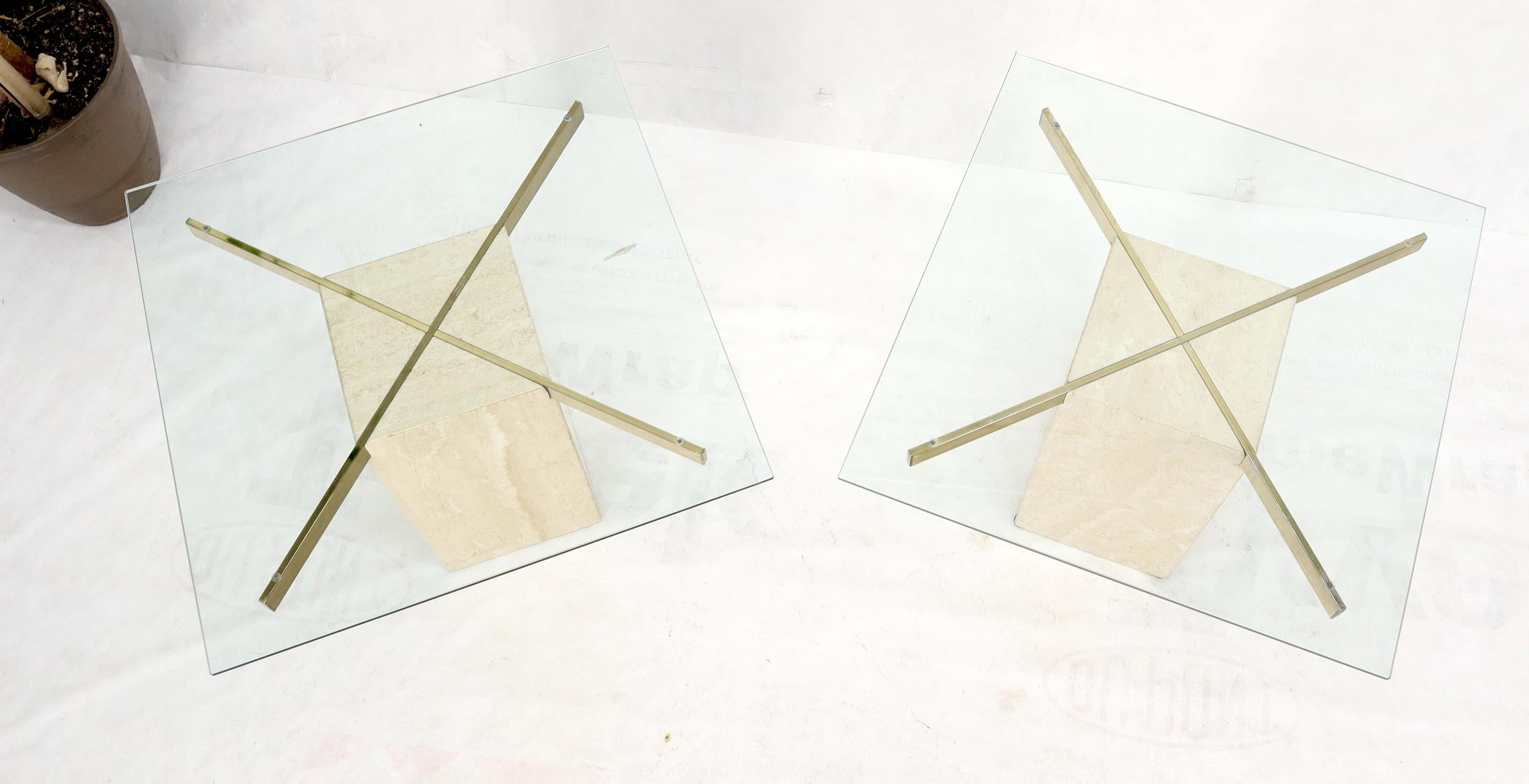 20th Century Pair of Mid-Century Modern Travertine & Brass Bases Square Glass Tops End Tables For Sale