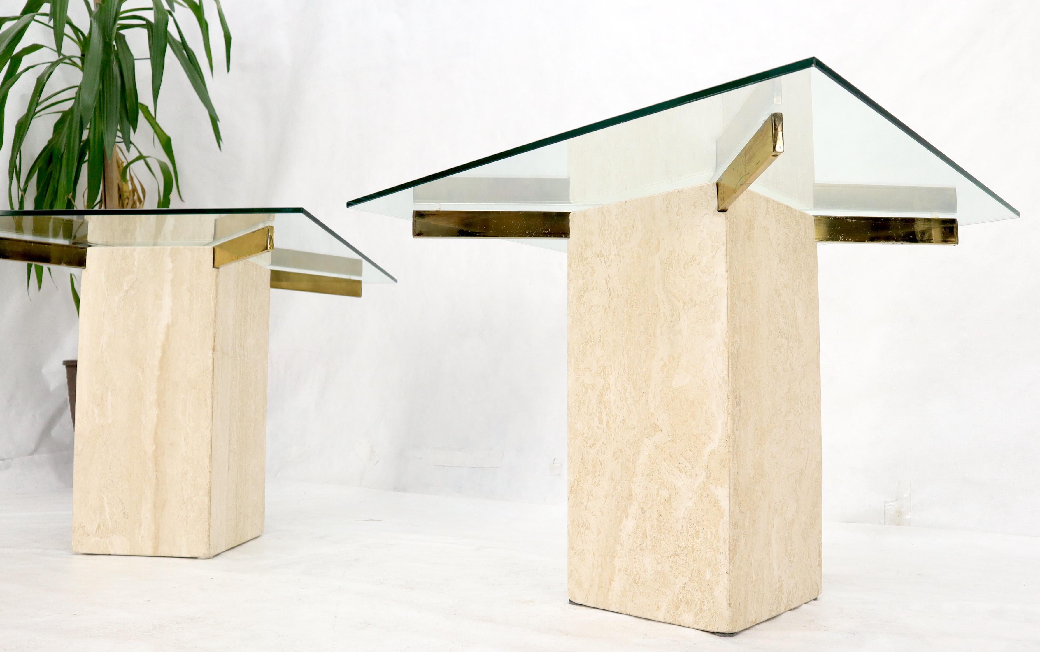 Pair of Mid-Century Modern Travertine & Brass Bases Square Glass Tops End Tables For Sale 2