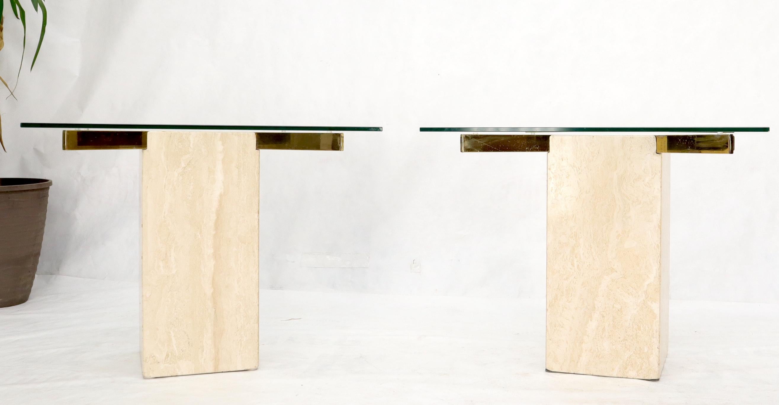 Pair of Mid-Century Modern Travertine & Brass Bases Square Glass Tops End Tables For Sale 3