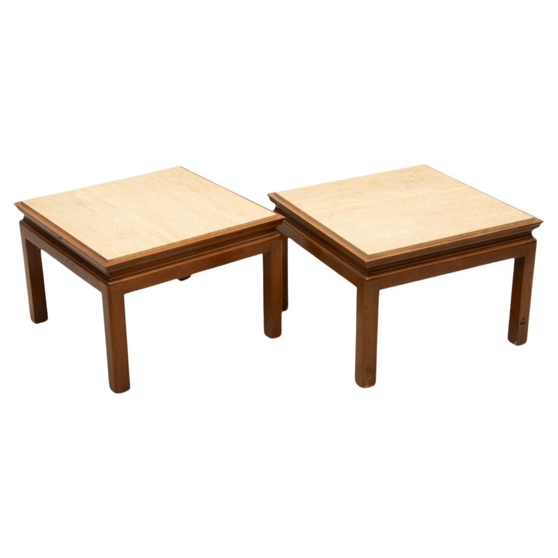 Pair of Mid Century Modern End Tables by Widdicomb Furniture Co Grand Rapids, MI. Travertine tops with carved wood lower table structure. Widdicomb labels on the underside of tables. Can be used as lamp tables end tables or nightstands. Located in