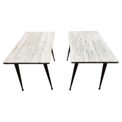 Pair of Mid Century Modern Travertine Stone End Tables wirh Wooden Legs