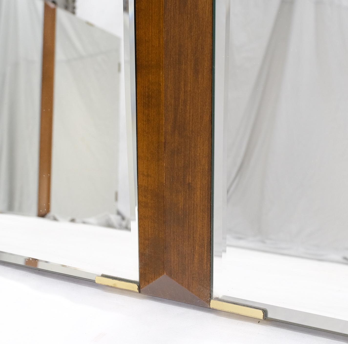 Pair of Mid Century Modern Tripple Beveled Mirrors w/ Walnut Accents For Sale 6