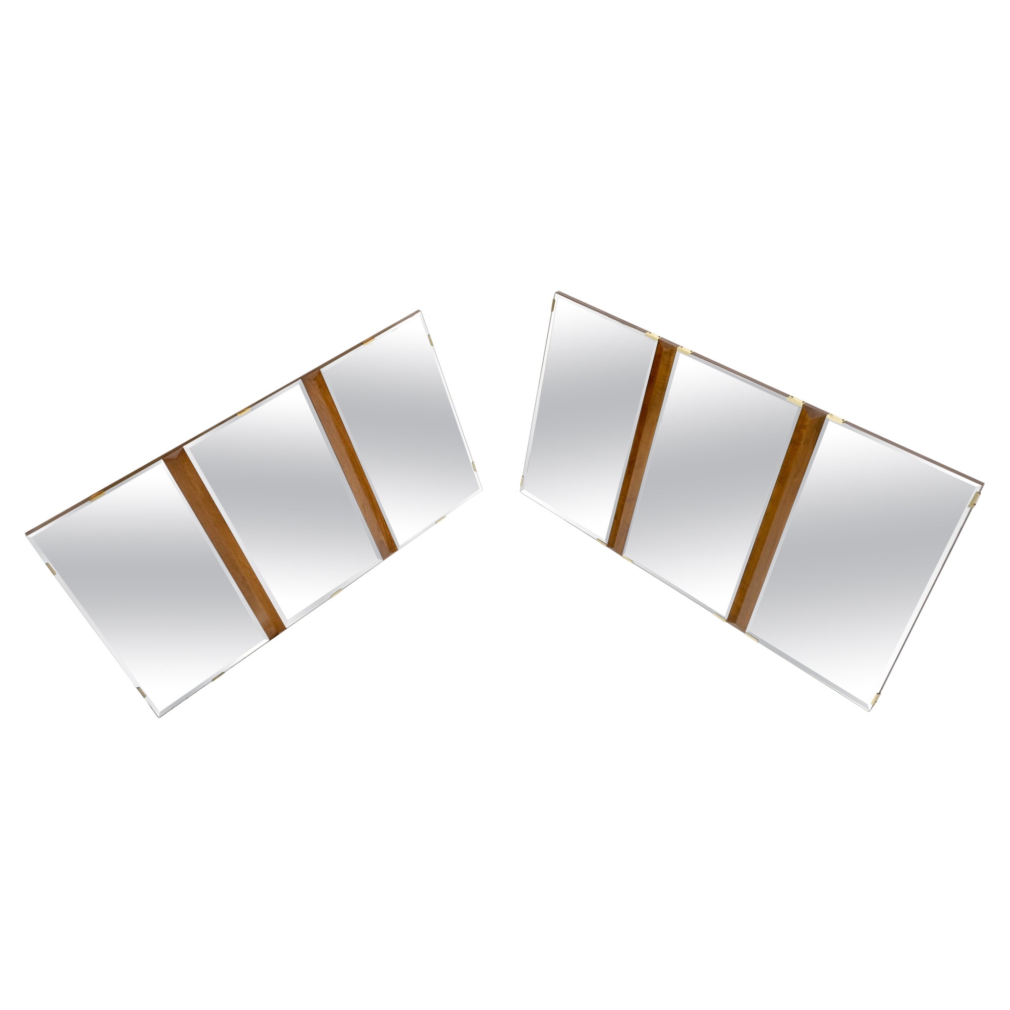 Pair of Mid Century Modern Tripple Beveled Mirrors w/ Walnut Accents