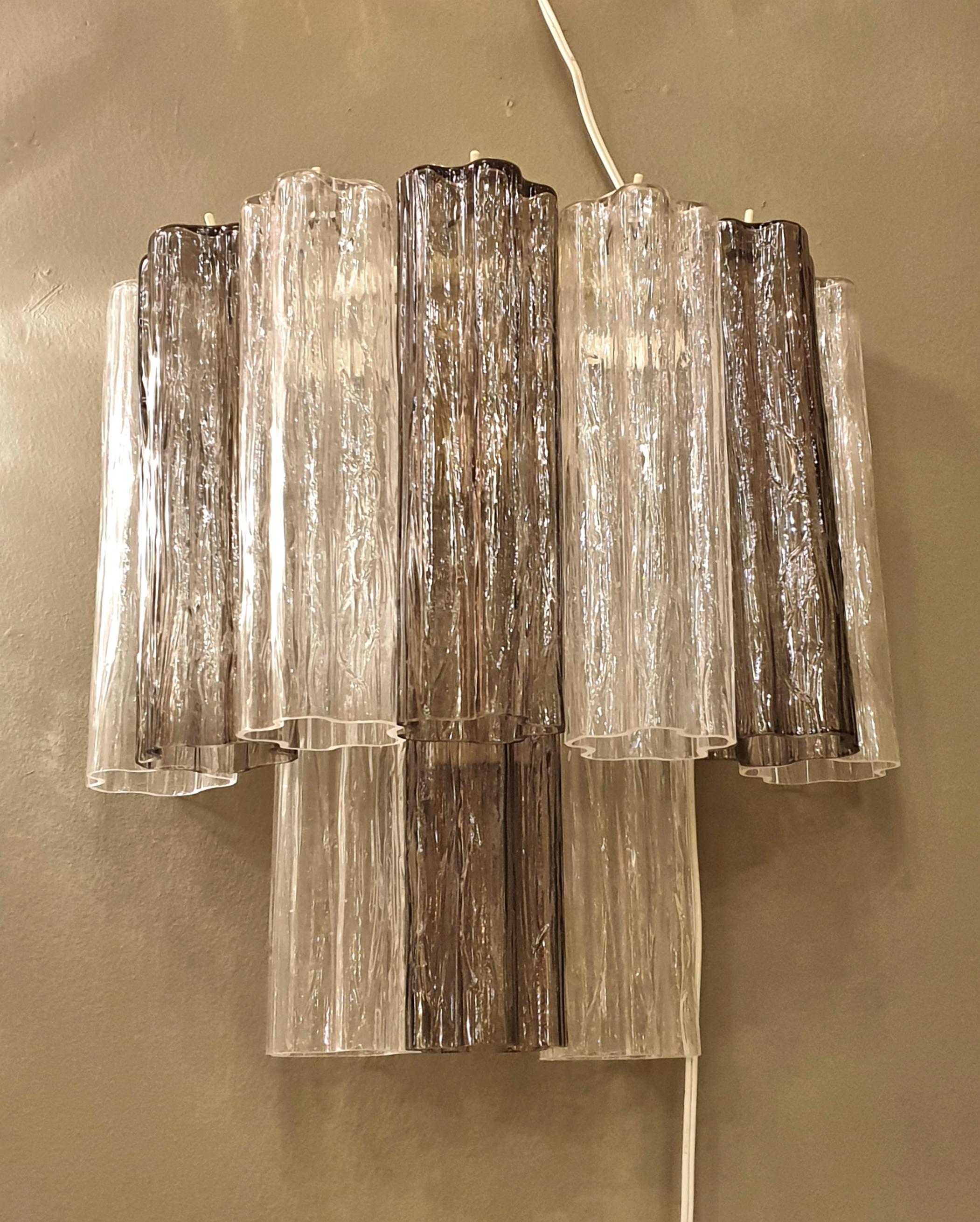 Italian Pair of Mid-Century Modern Tronchi Clear and Beige Murano Glass Sconces, 1970s