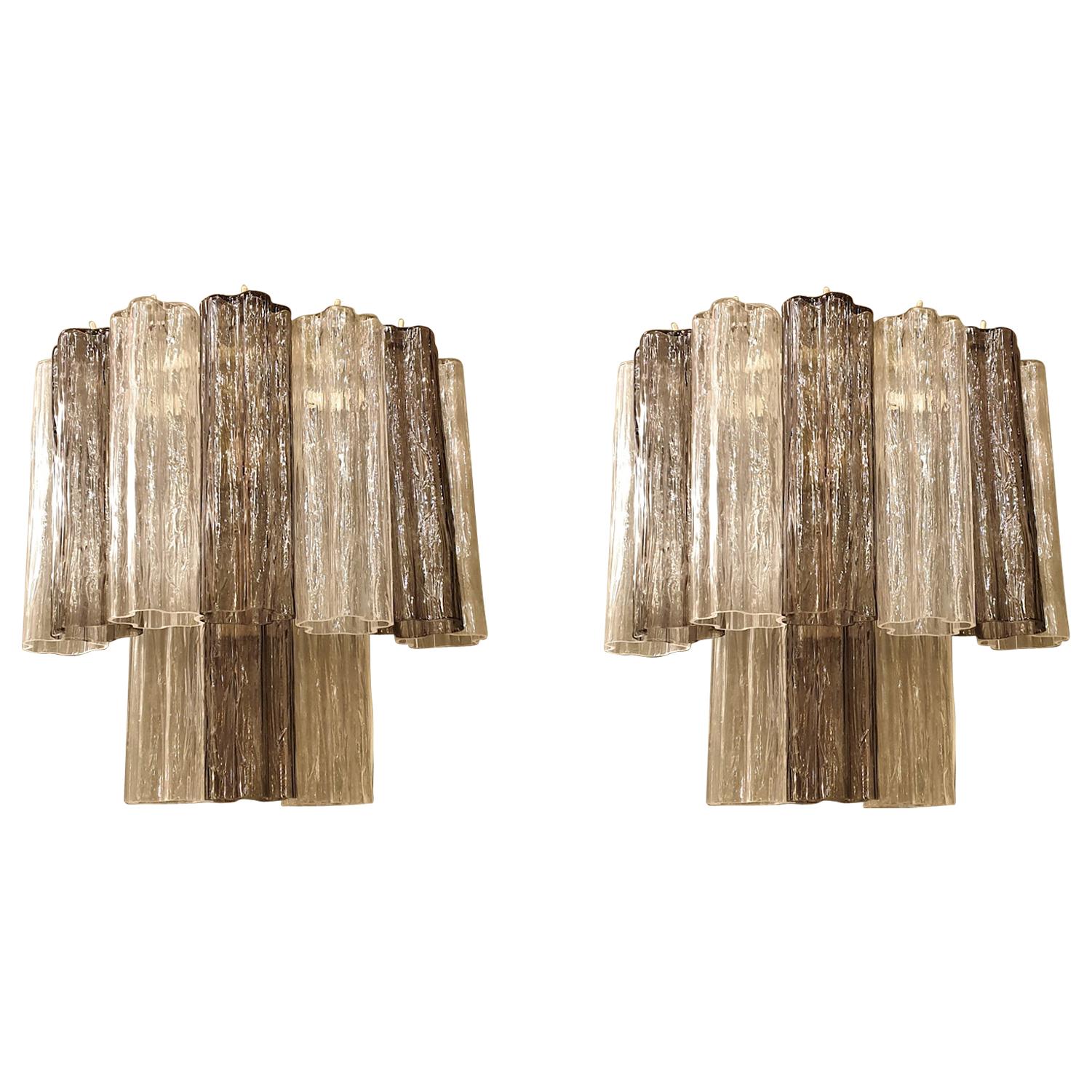 Pair of Mid-Century Modern Tronchi Clear and Beige Murano Glass Sconces, 1970s