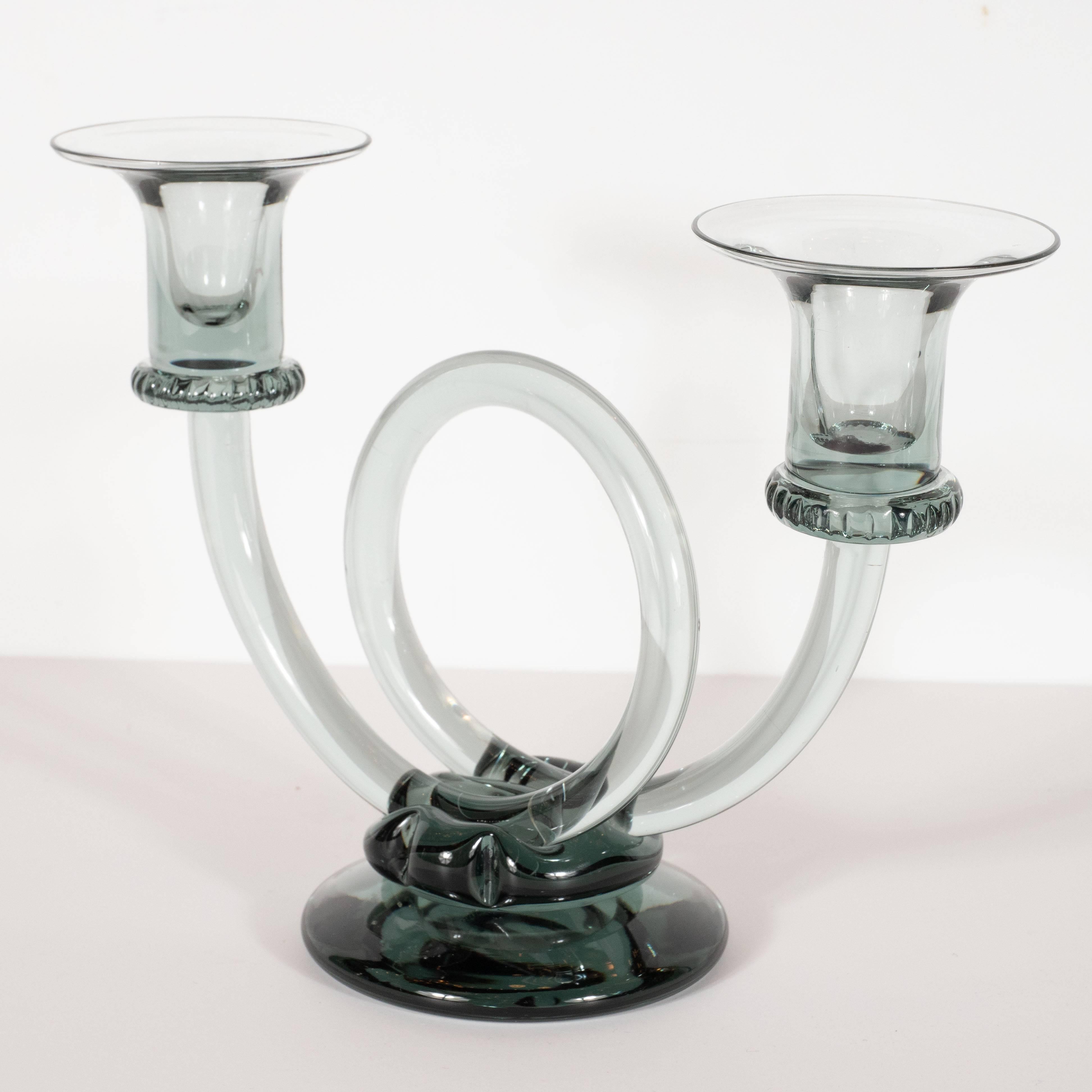 Italian Pair of Mid-Century Modern Trumpet Form Smoked Grey Clear Glass Candlesticks
