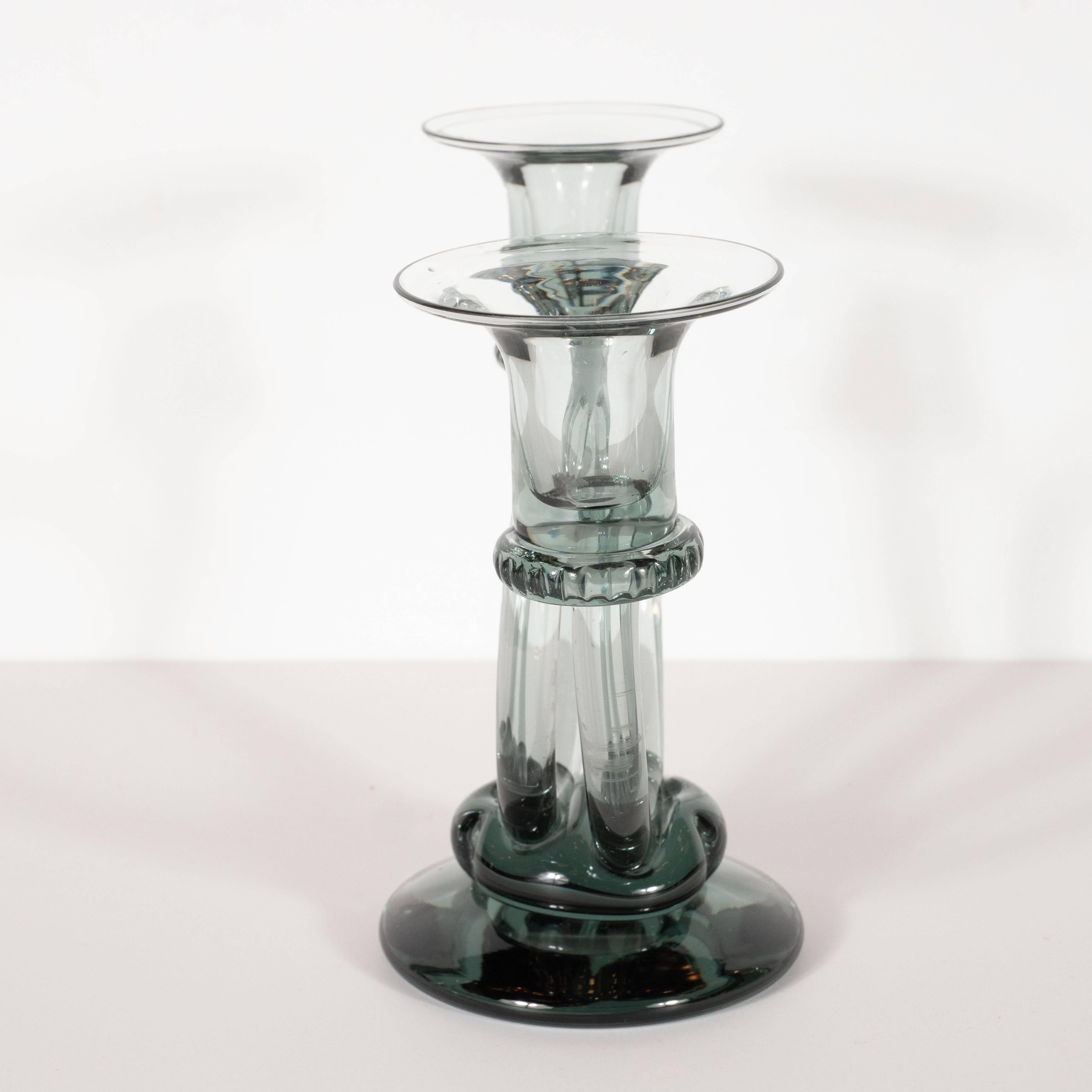 Pair of Mid-Century Modern Trumpet Form Smoked Grey Clear Glass Candlesticks 1
