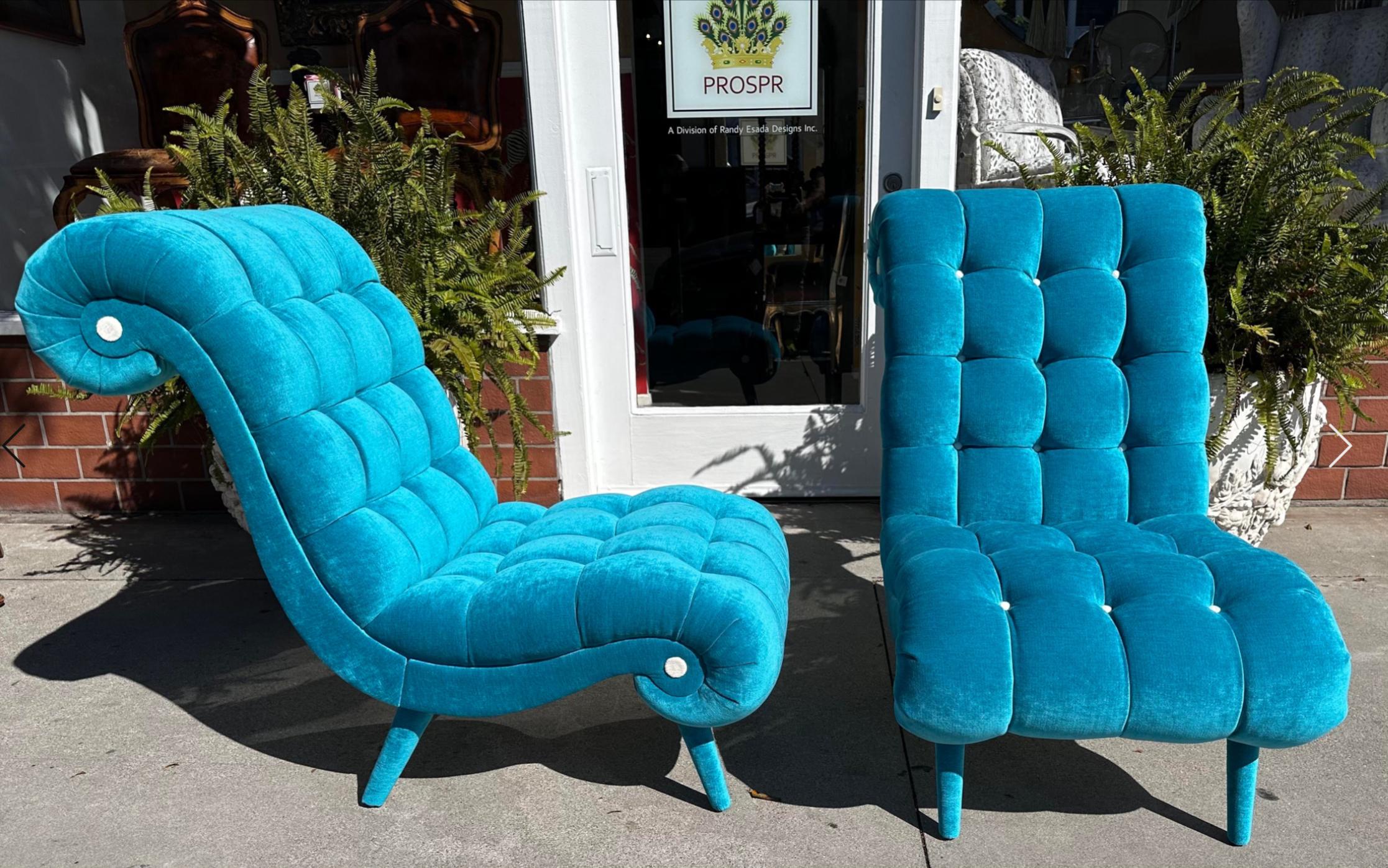 Pair of Mid Century Modern Tufted Turquoise Velvet Chairs
