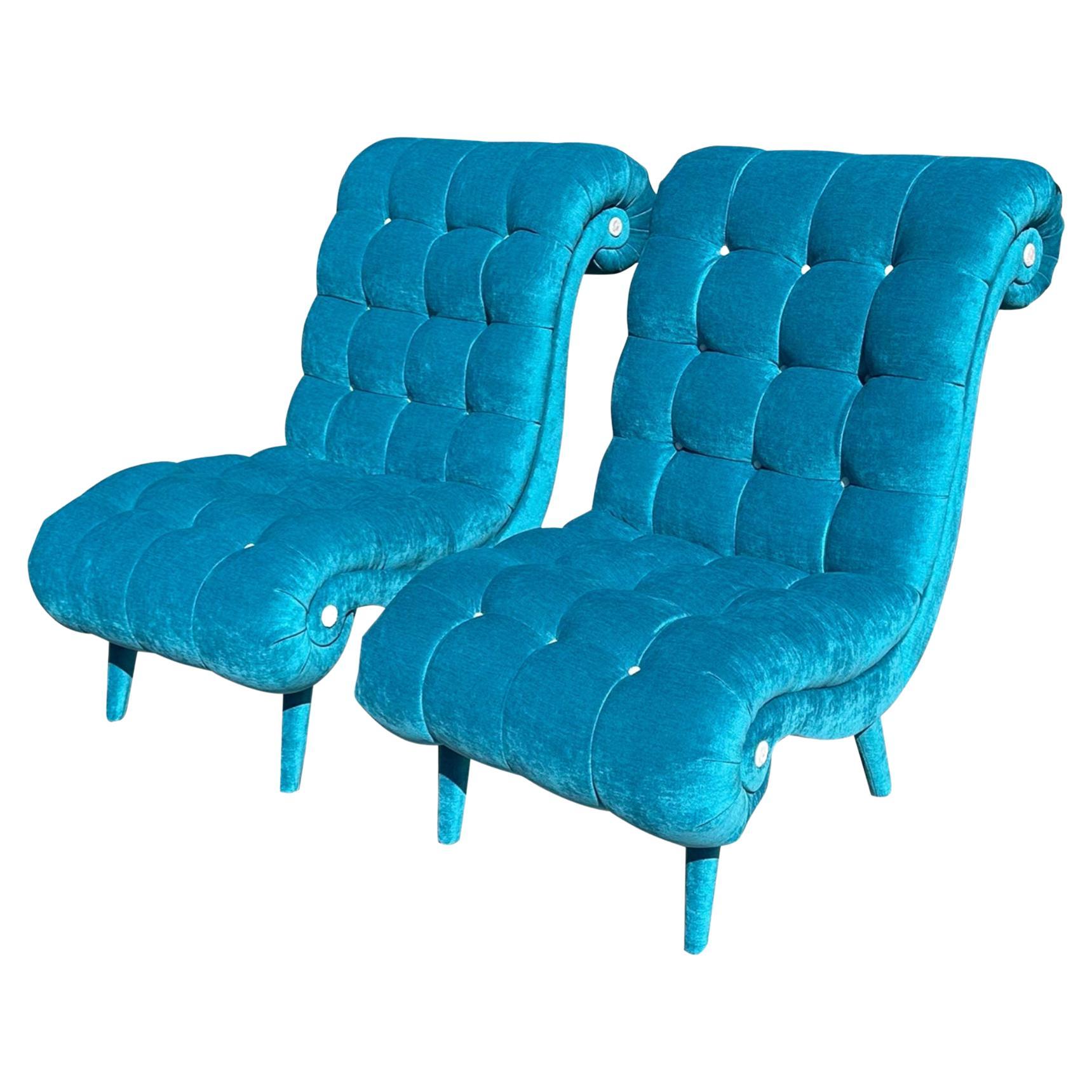 Pair of Mid Century Modern Tufted Turquoise Velvet Chairs For Sale