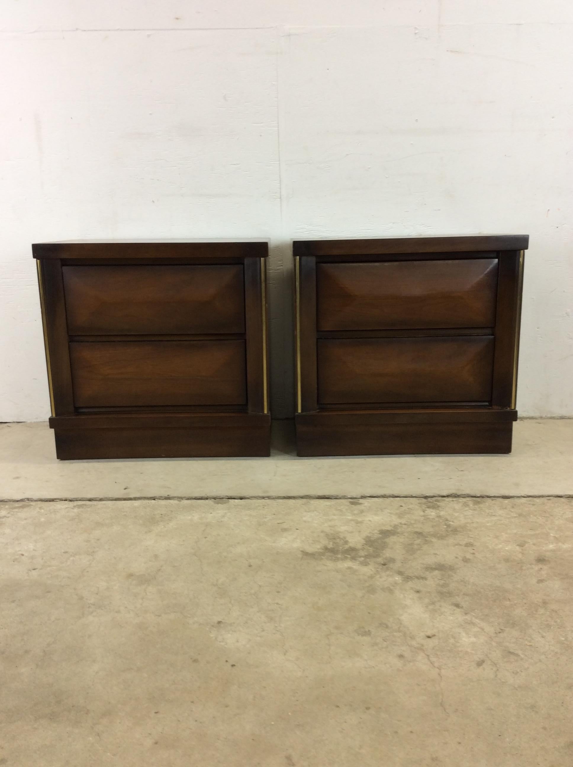 American Pair of Mid-Century Modern Two Drawer Nightstands with Beveled Drawer Faces For Sale