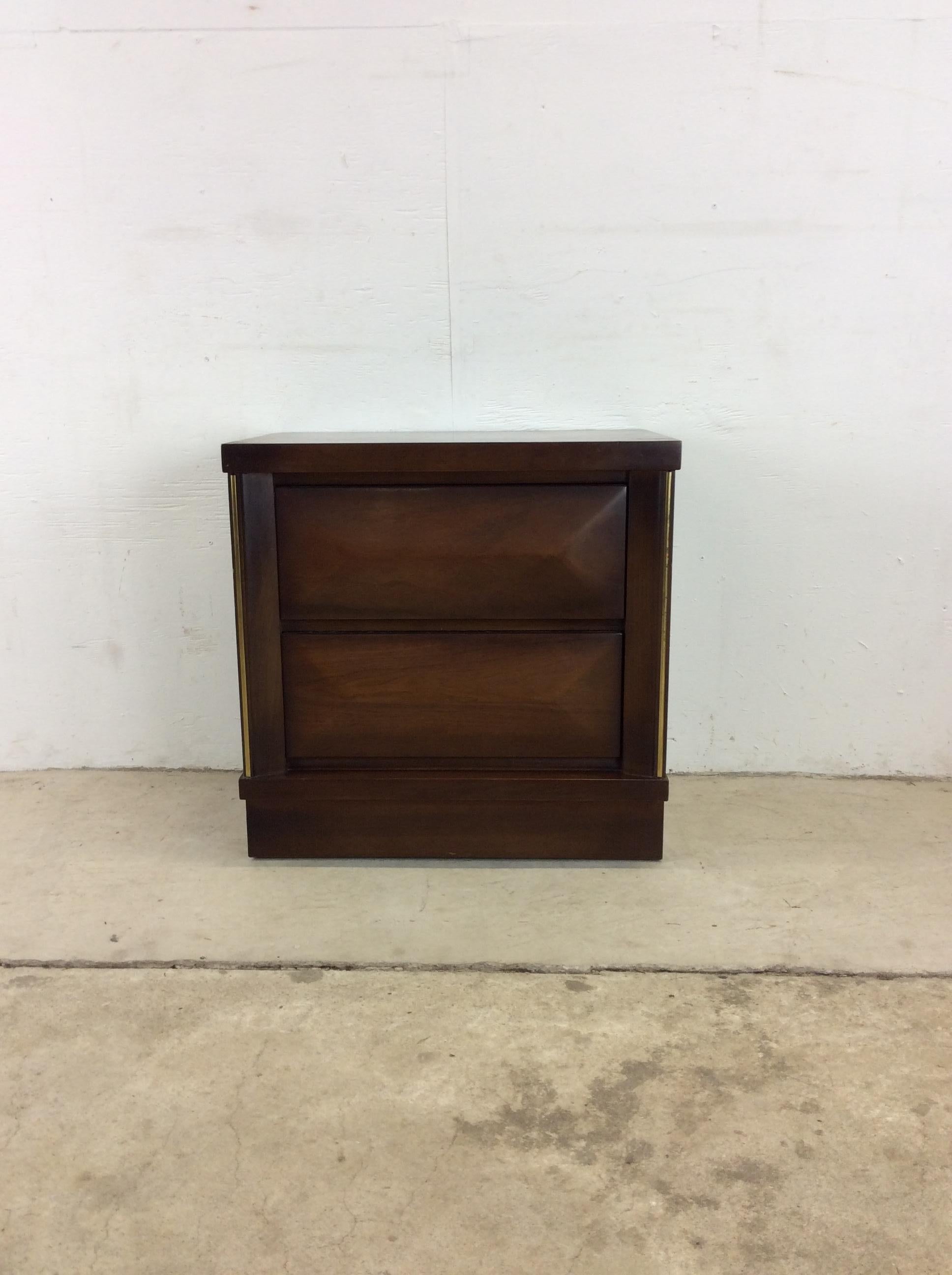 Veneer Pair of Mid-Century Modern Two Drawer Nightstands with Beveled Drawer Faces For Sale