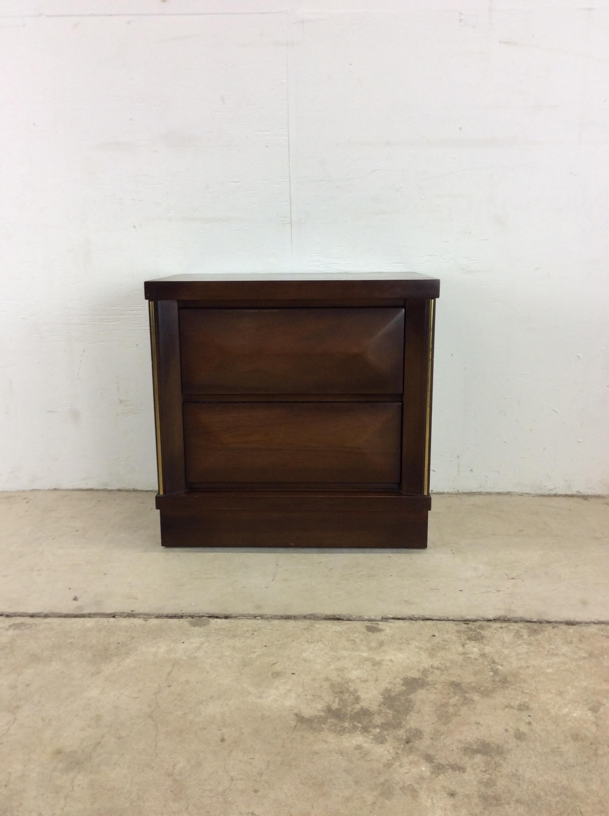 Pair of Mid-Century Modern Two Drawer Nightstands with Beveled Drawer Faces In Good Condition For Sale In Freehold, NJ