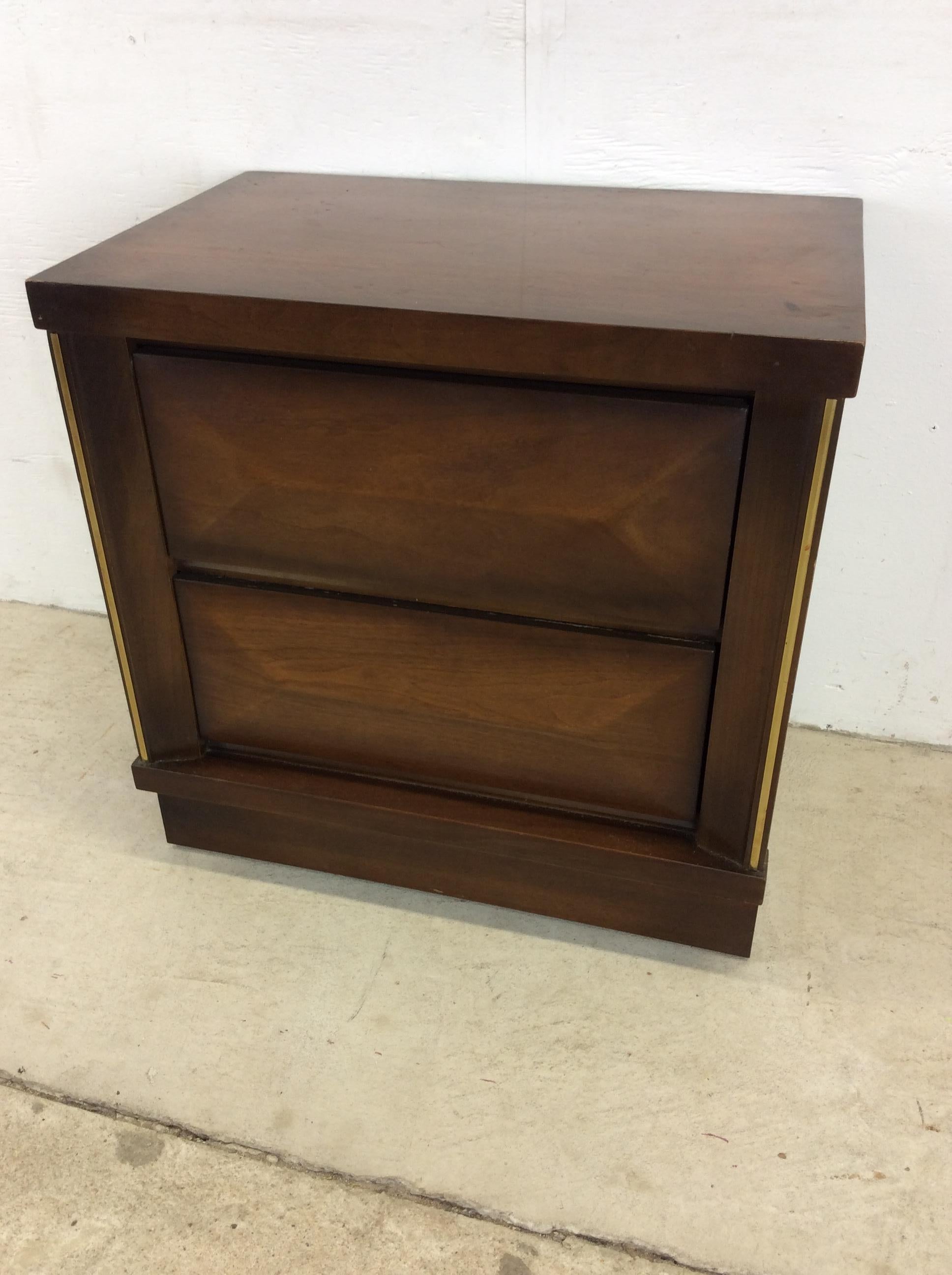 Walnut Pair of Mid-Century Modern Two Drawer Nightstands with Beveled Drawer Faces For Sale