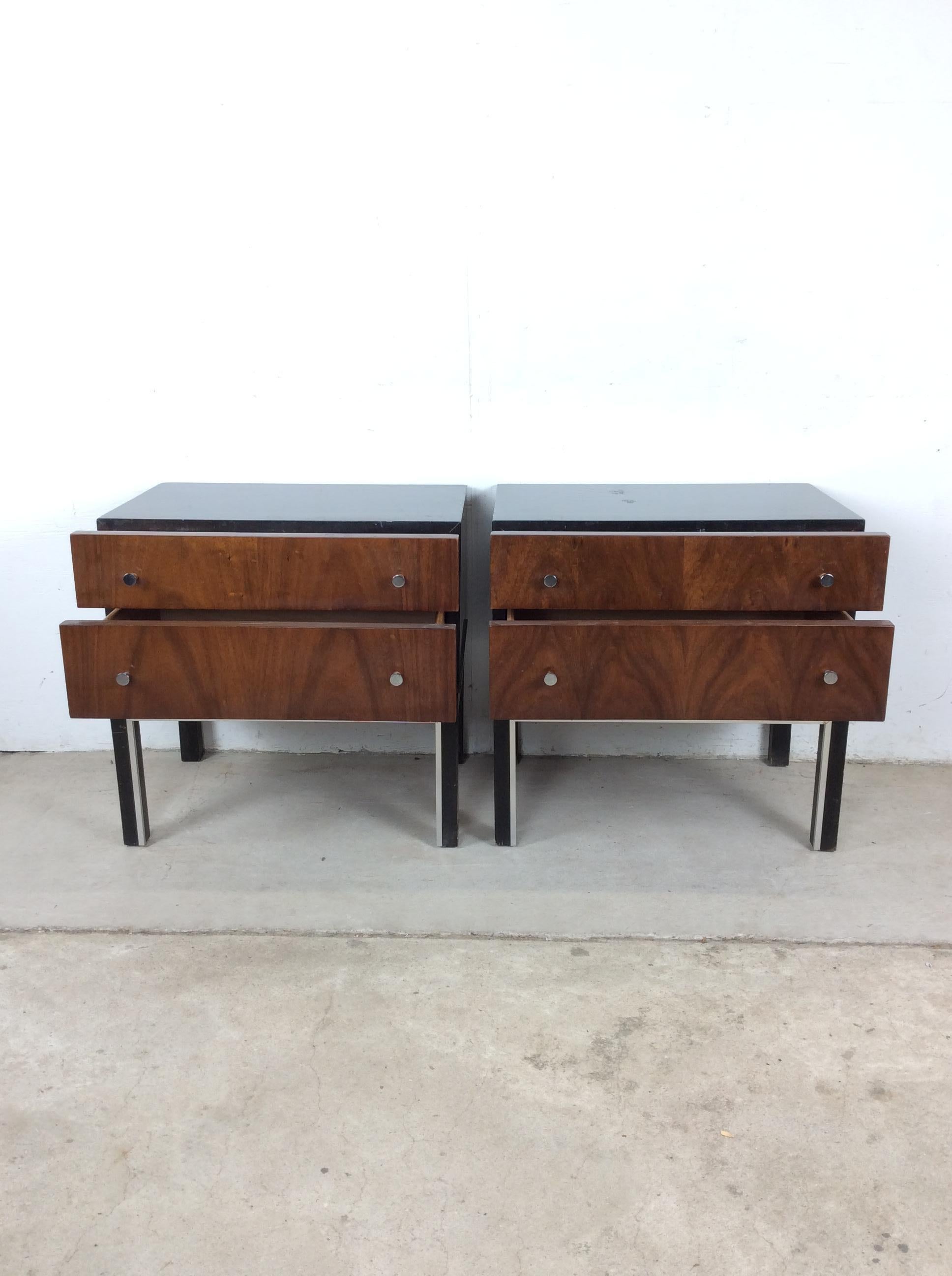 Pair of Mid Century Modern Two Drawer Nightstands with Chrome Accents en vente 7