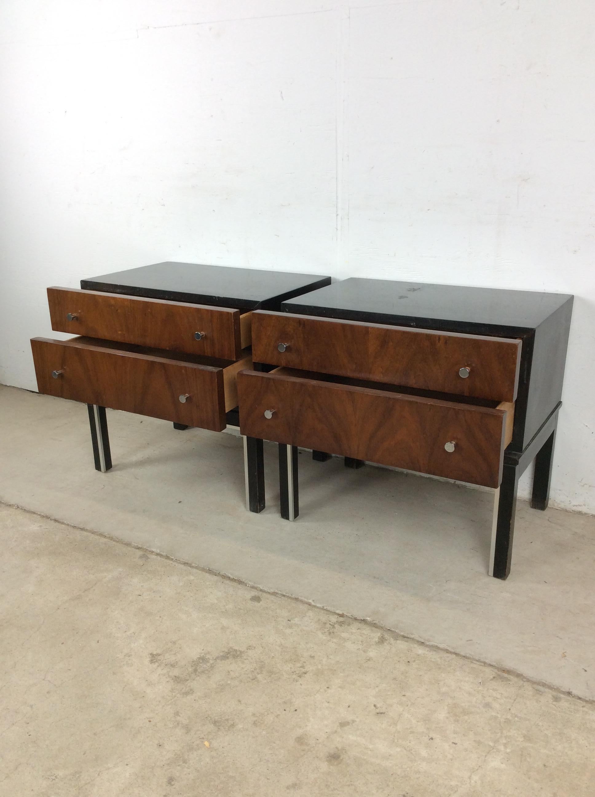 Pair of Mid Century Modern Two Drawer Nightstands with Chrome Accents en vente 8