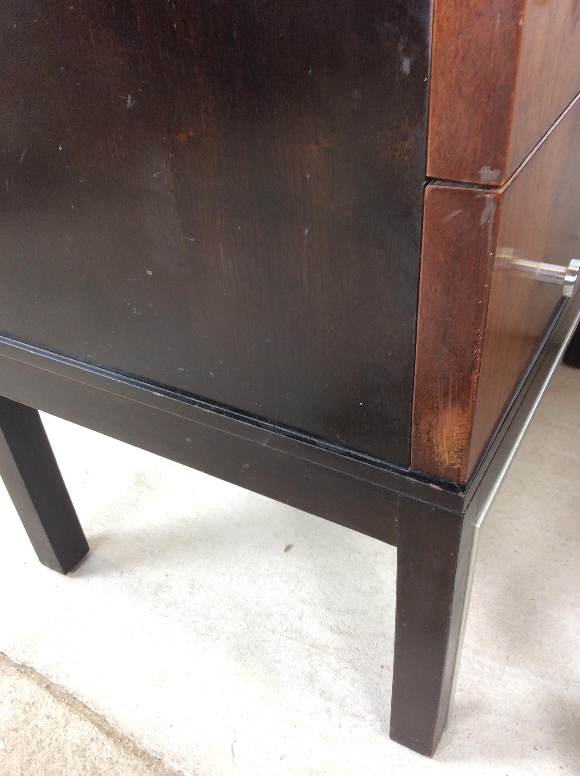 Pair of Mid Century Modern Two Drawer Nightstands with Chrome Accents en vente 11