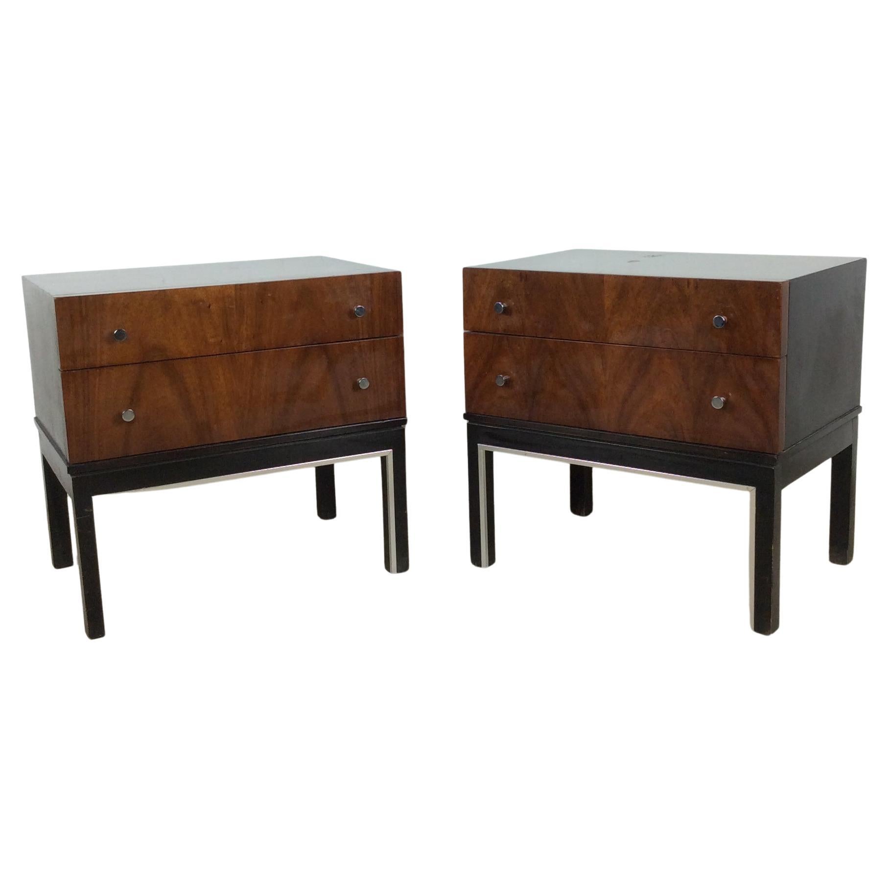 Pair of Mid Century Modern Two Drawer Nightstands with Chrome Accents