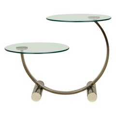Pair of Mid-Century Modern Two Tier Circular Glass Silver Metal Frame End Tables