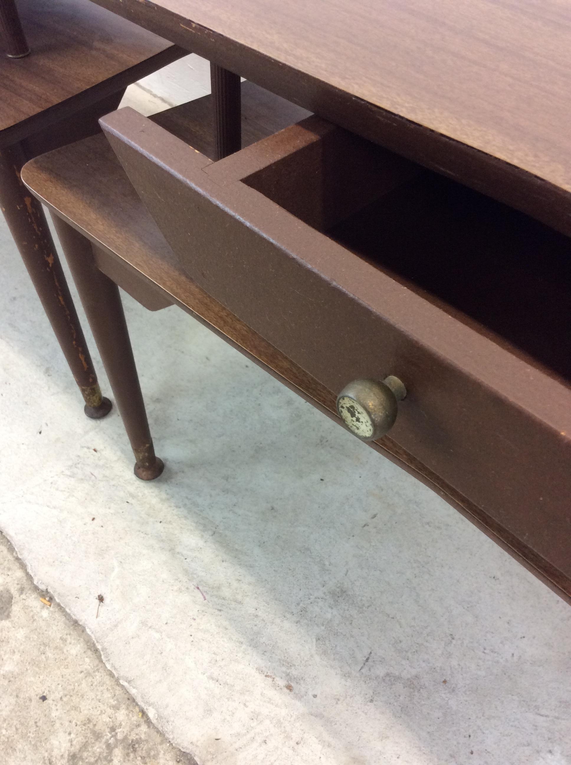 Pair of Mid Century Modern Two Tier End Tables with Single Drawer For Sale 6