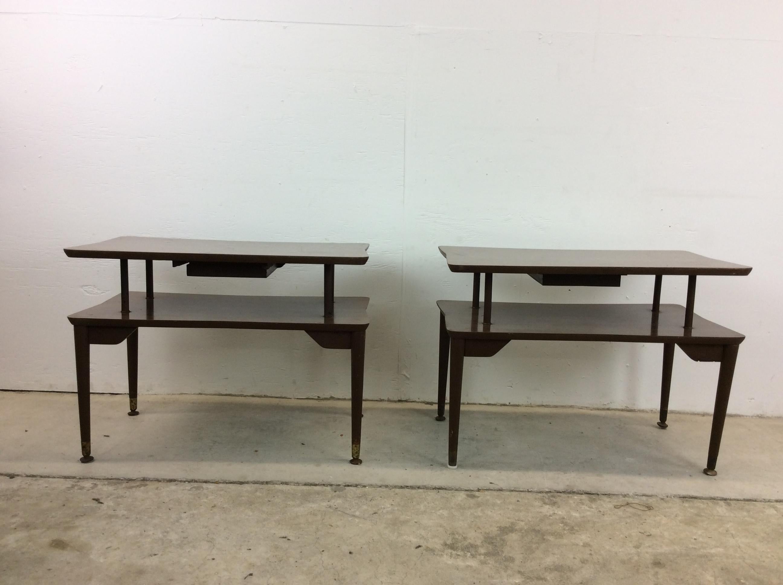 Pair of Mid Century Modern Two Tier End Tables with Single Drawer For Sale 8