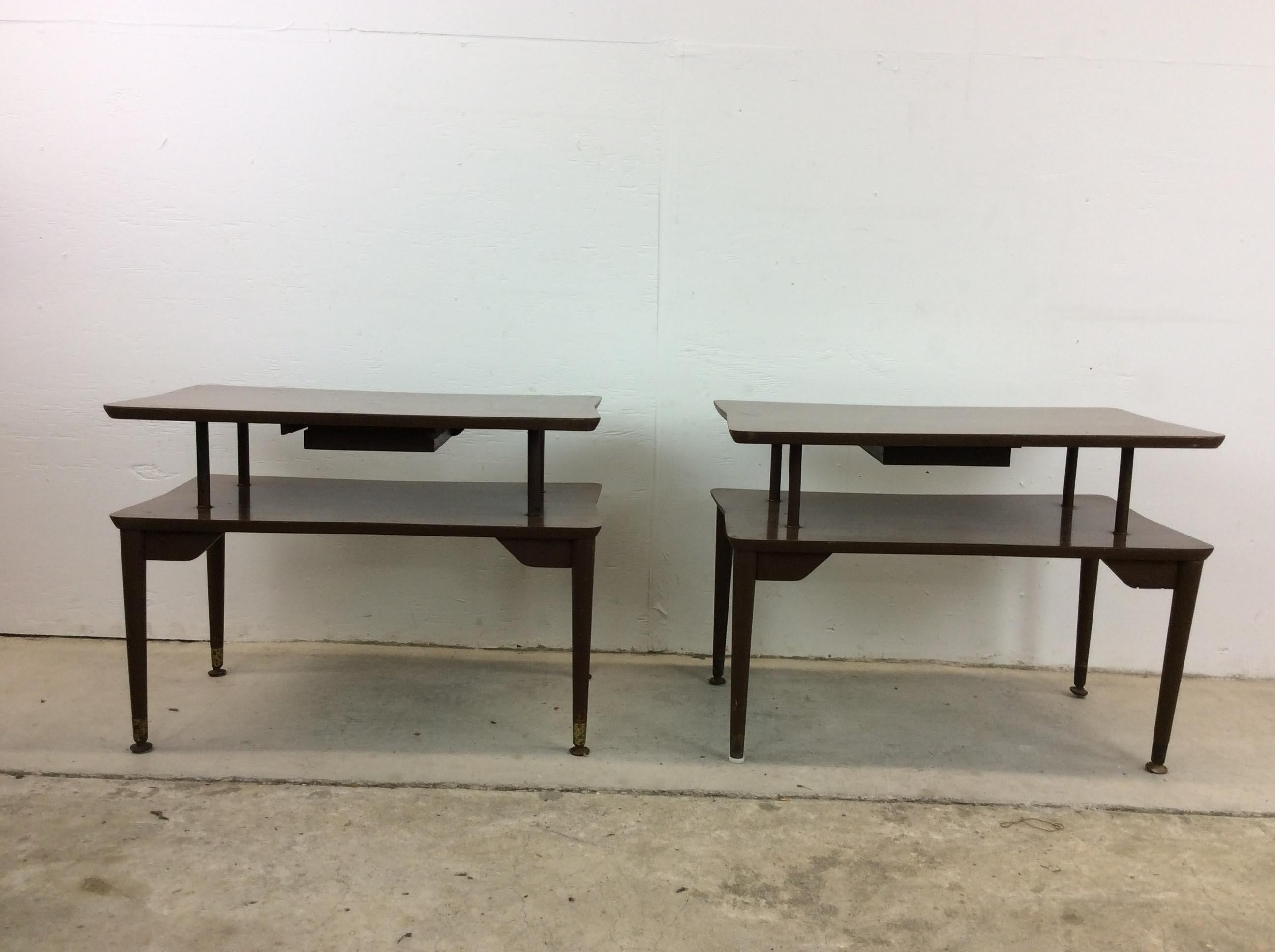 Pair of Mid Century Modern Two Tier End Tables with Single Drawer 8