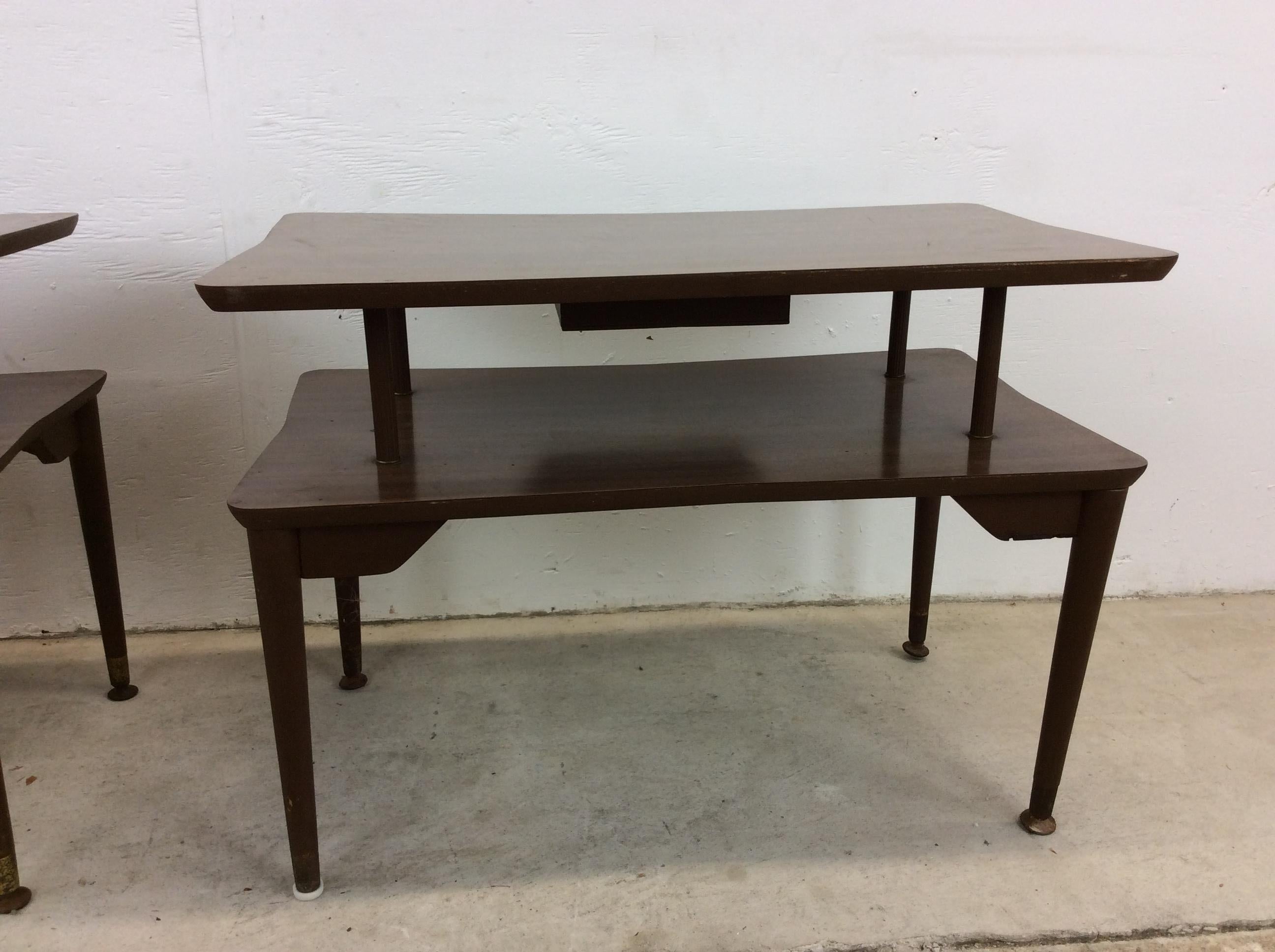 Pair of Mid Century Modern Two Tier End Tables with Single Drawer For Sale 9