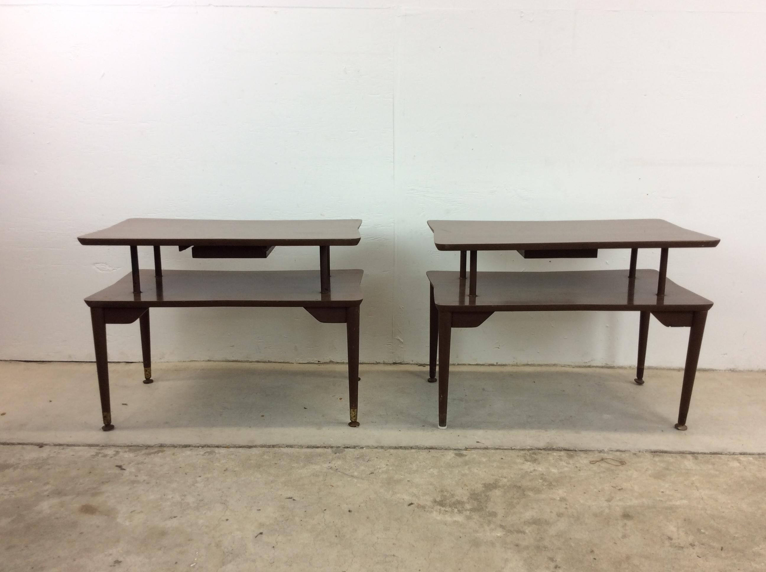 Pair of Mid Century Modern Two Tier End Tables with Single Drawer For Sale 12