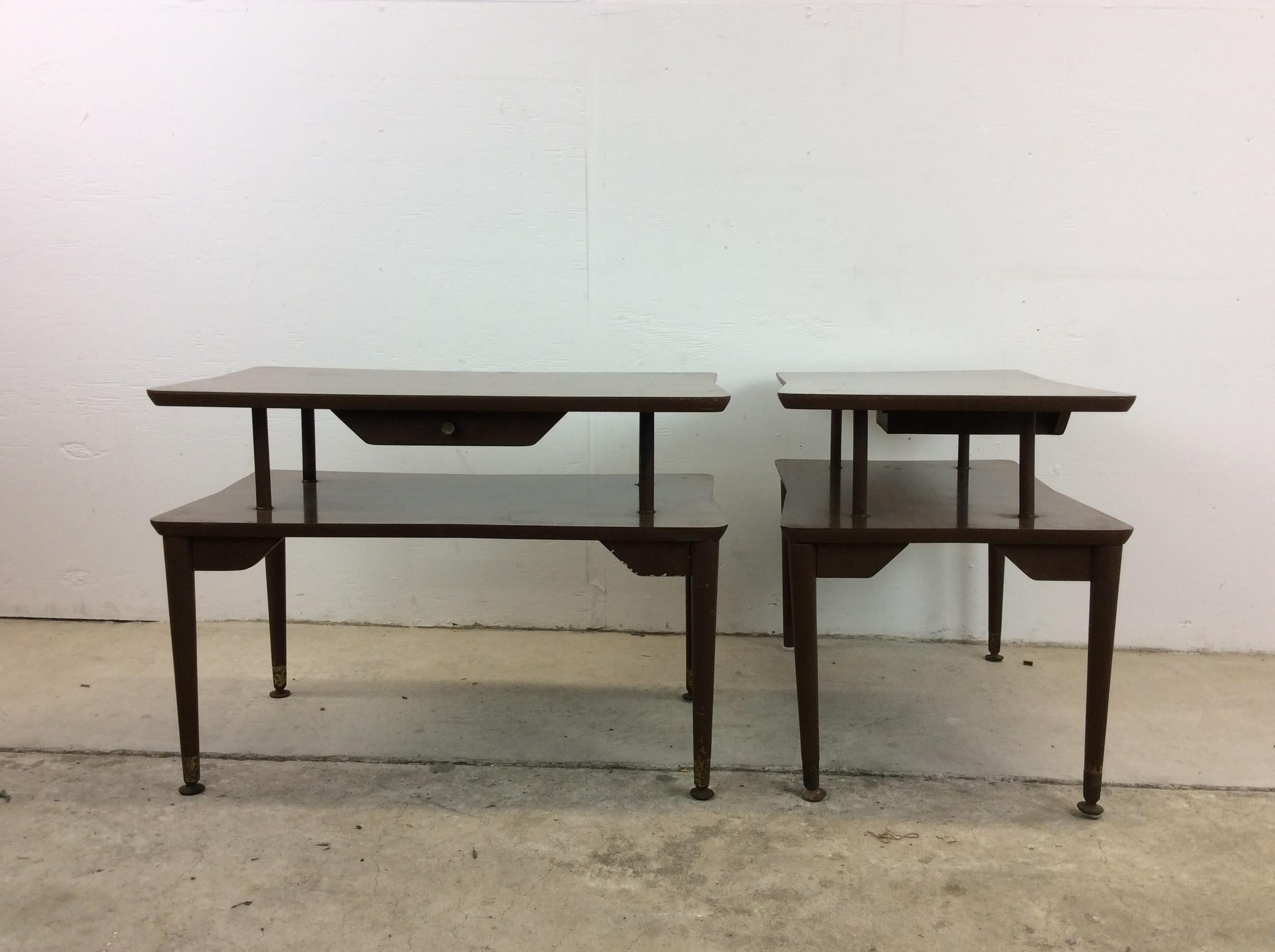 Pair of Mid Century Modern Two Tier End Tables with Single Drawer For Sale 13