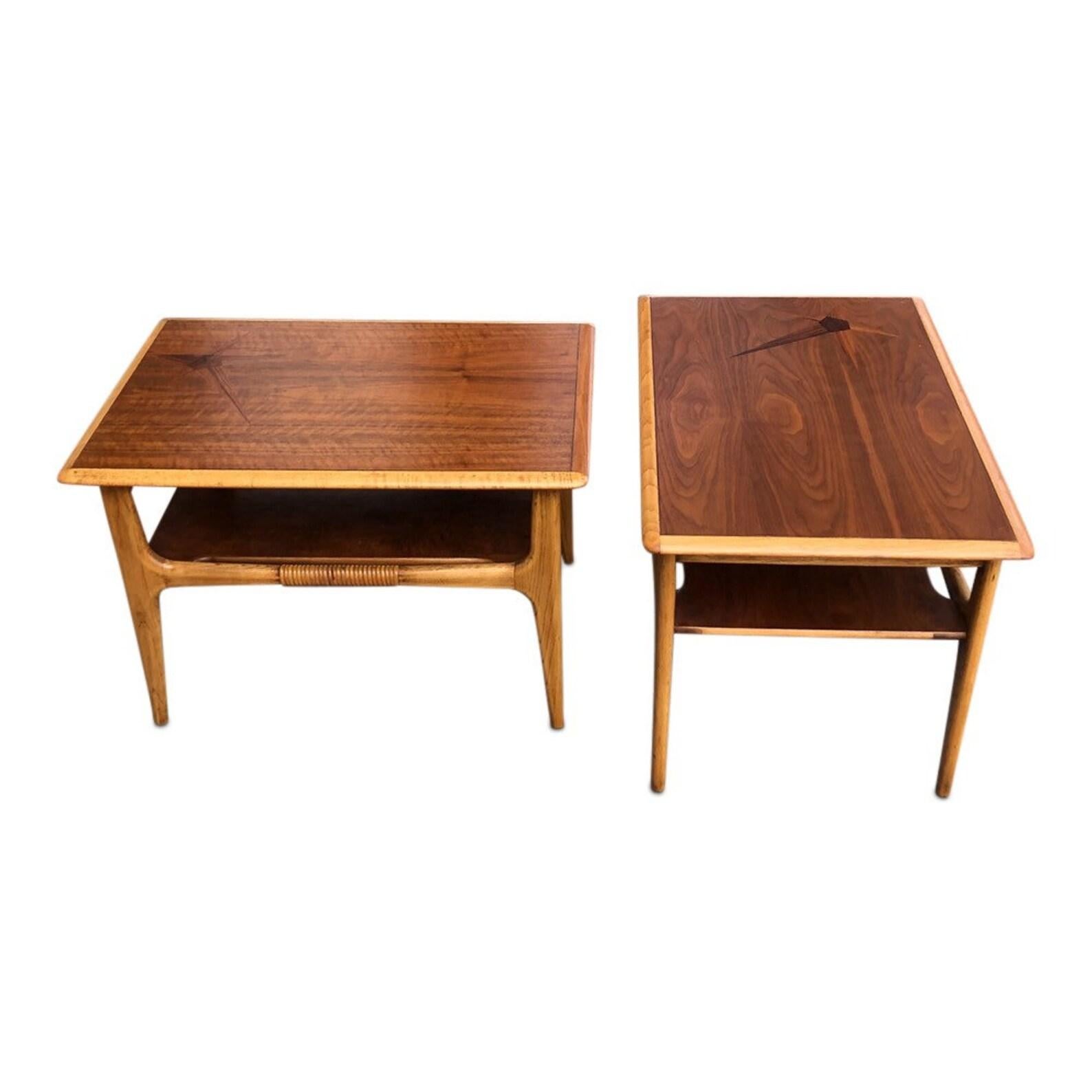 Pair of Mid-Century Modern two-toned side end tables with shelf and beautiful inlay on the surface. 

Dimensions: W30.5 x D20.5 x H20 inches 
Shelf height: 7 inches.