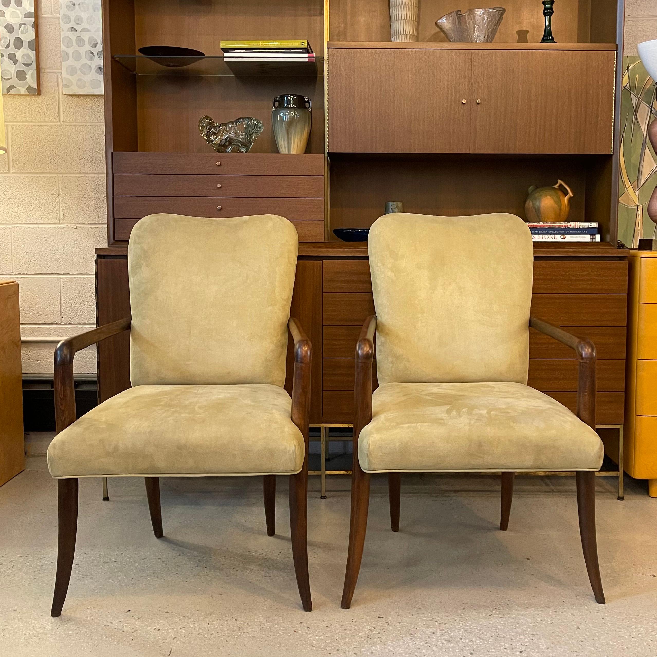 American Pair Of Mid-Century Modern UltraSuede And Oak Sabre Leg Armchairs For Sale