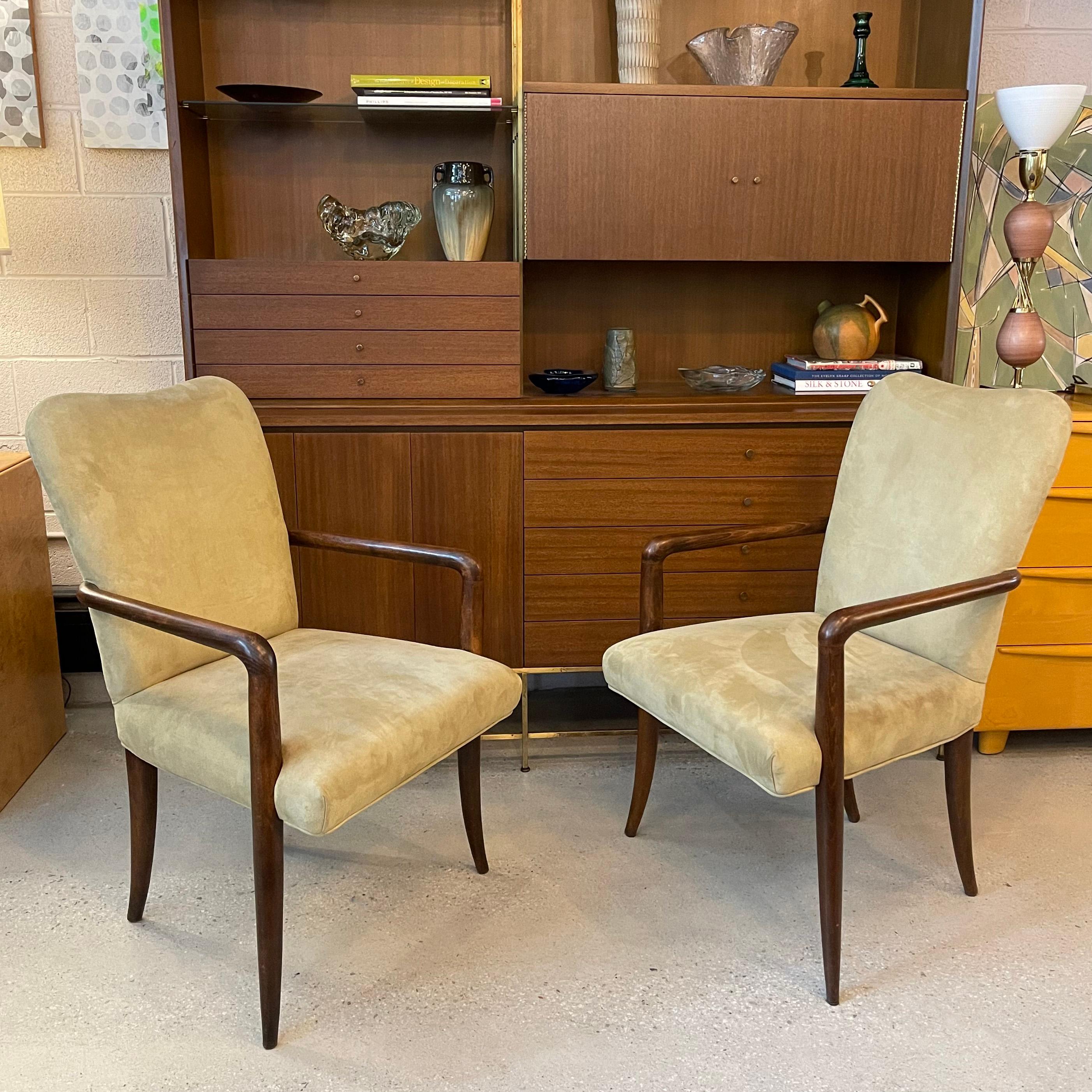 Pair Of Mid-Century Modern UltraSuede And Oak Sabre Leg Armchairs In Good Condition For Sale In Brooklyn, NY