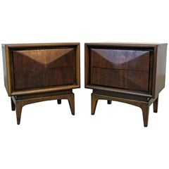 Pair of Mid-Century Modern United Diamond Front Walnut Nightstands