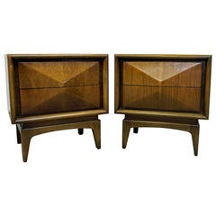 Pair of Mid-Century Modern United Diamond Front Walnut Nightstands