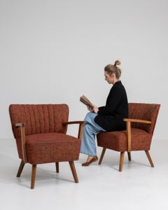Pair of Mid-Century Modern Upholstered Armchairs Burnt Orange