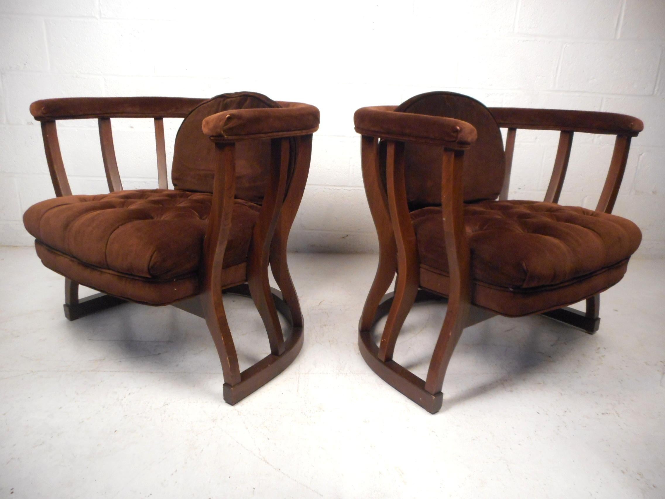 Upholstery Pair of Mid-Century Modern Upholstered Barrel Back Chairs