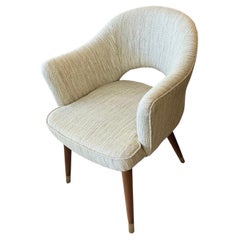 Pair of Mid-Century Modern Upholstered Barrel Chairs with Teak Legs & Brass Feet