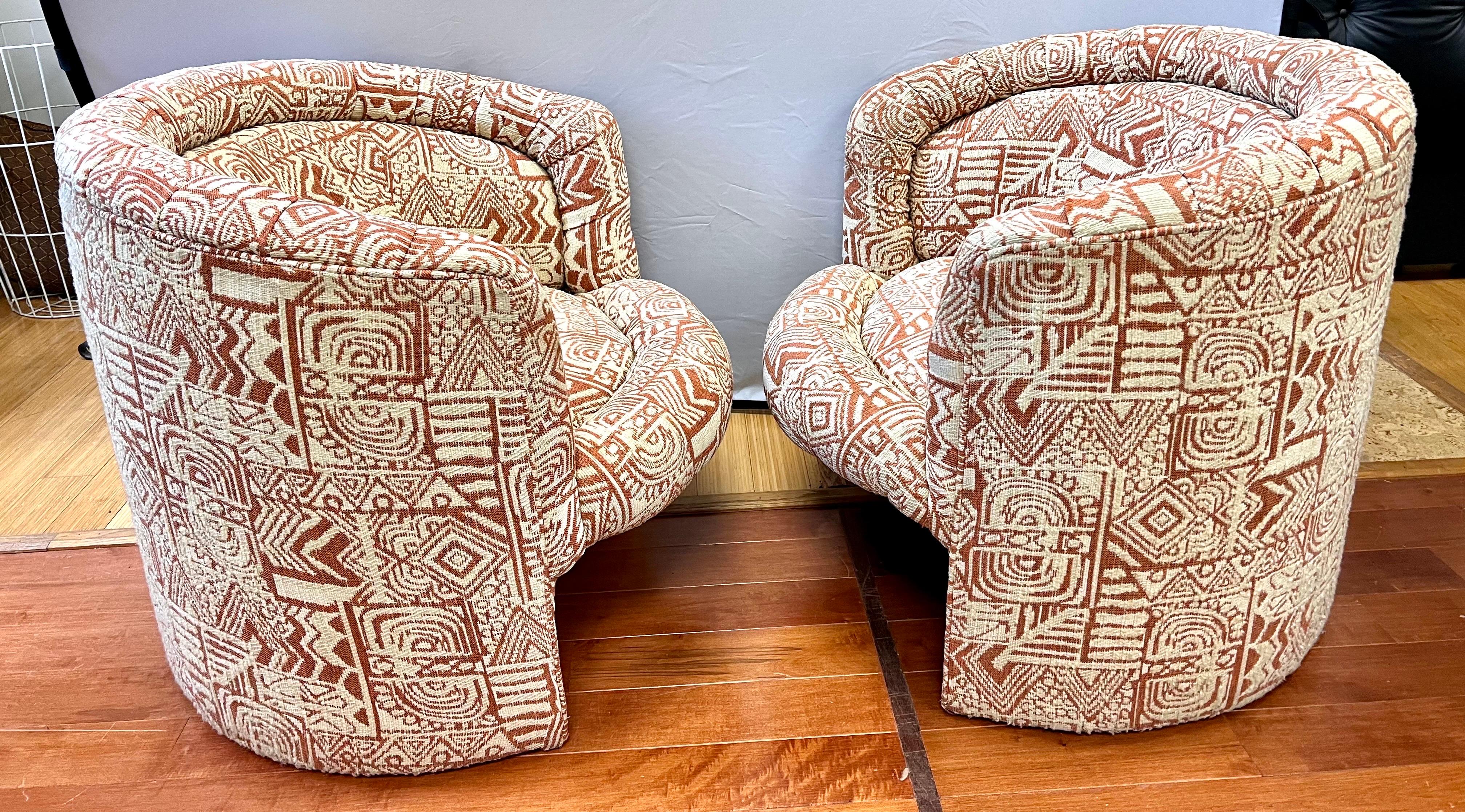 Late 20th Century Pair of Mid-Century Modern Upholstered Curved Barrel Back Lounge Chairs